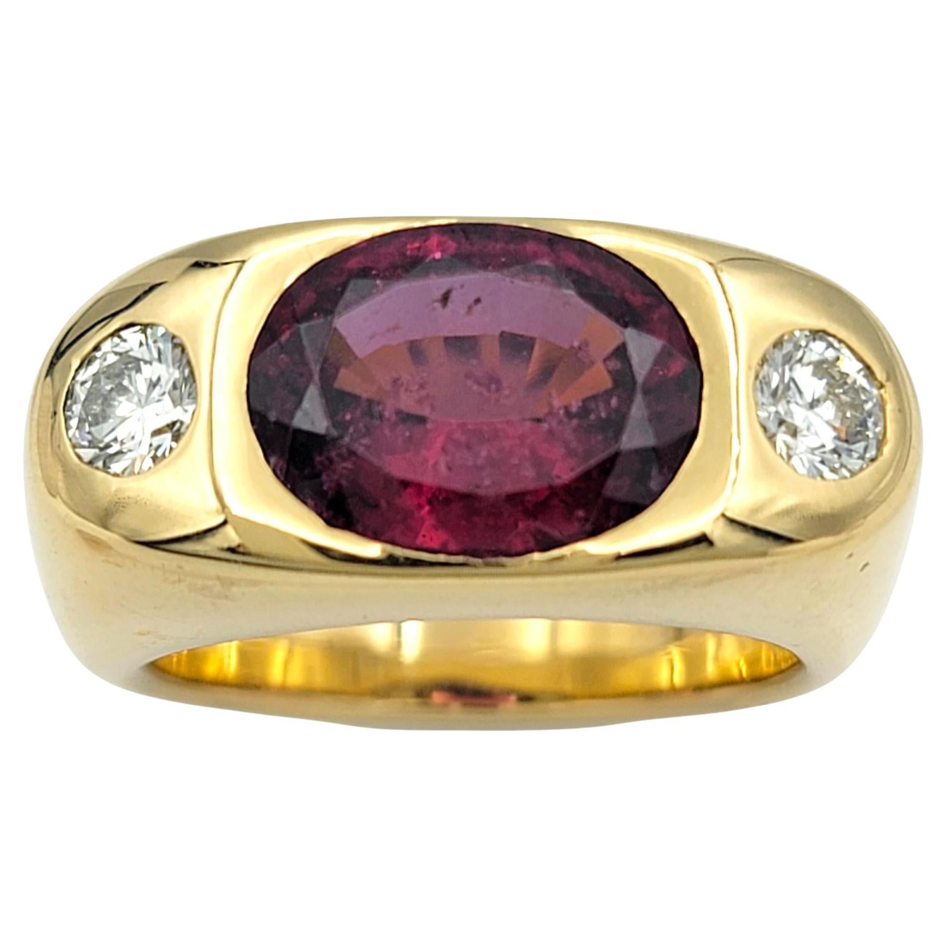 Men's Oval Cut Garnet and Round Diamond Band Ring in 20 Karat Yellow Gold