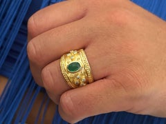 Mens Oval Green Cabochon Emerald and Diamond Cigar Band Ring 18k Yellow Gold