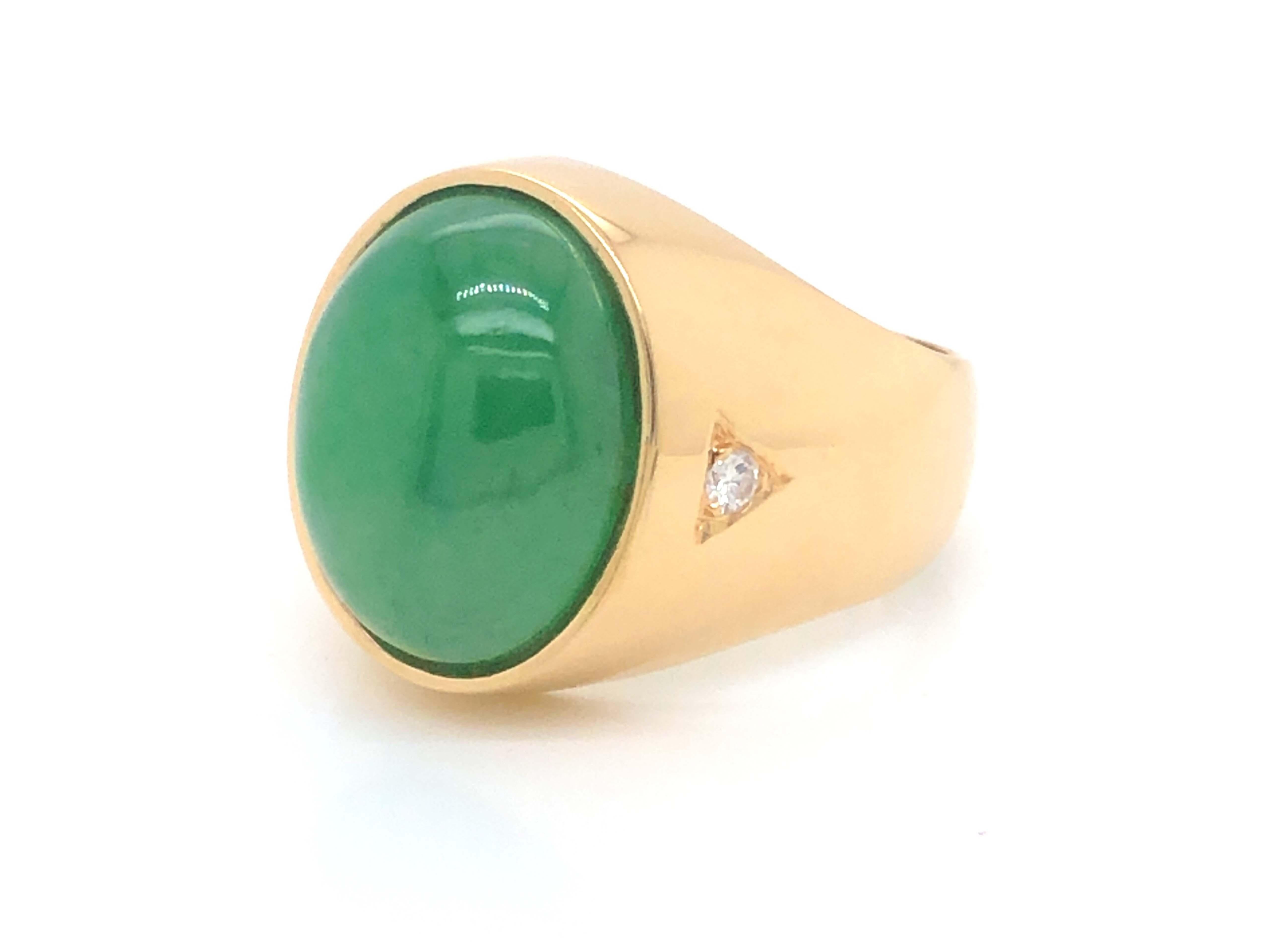 Modern Men's Oval Green Jade and Diamond Ring, 18k Yellow Gold
