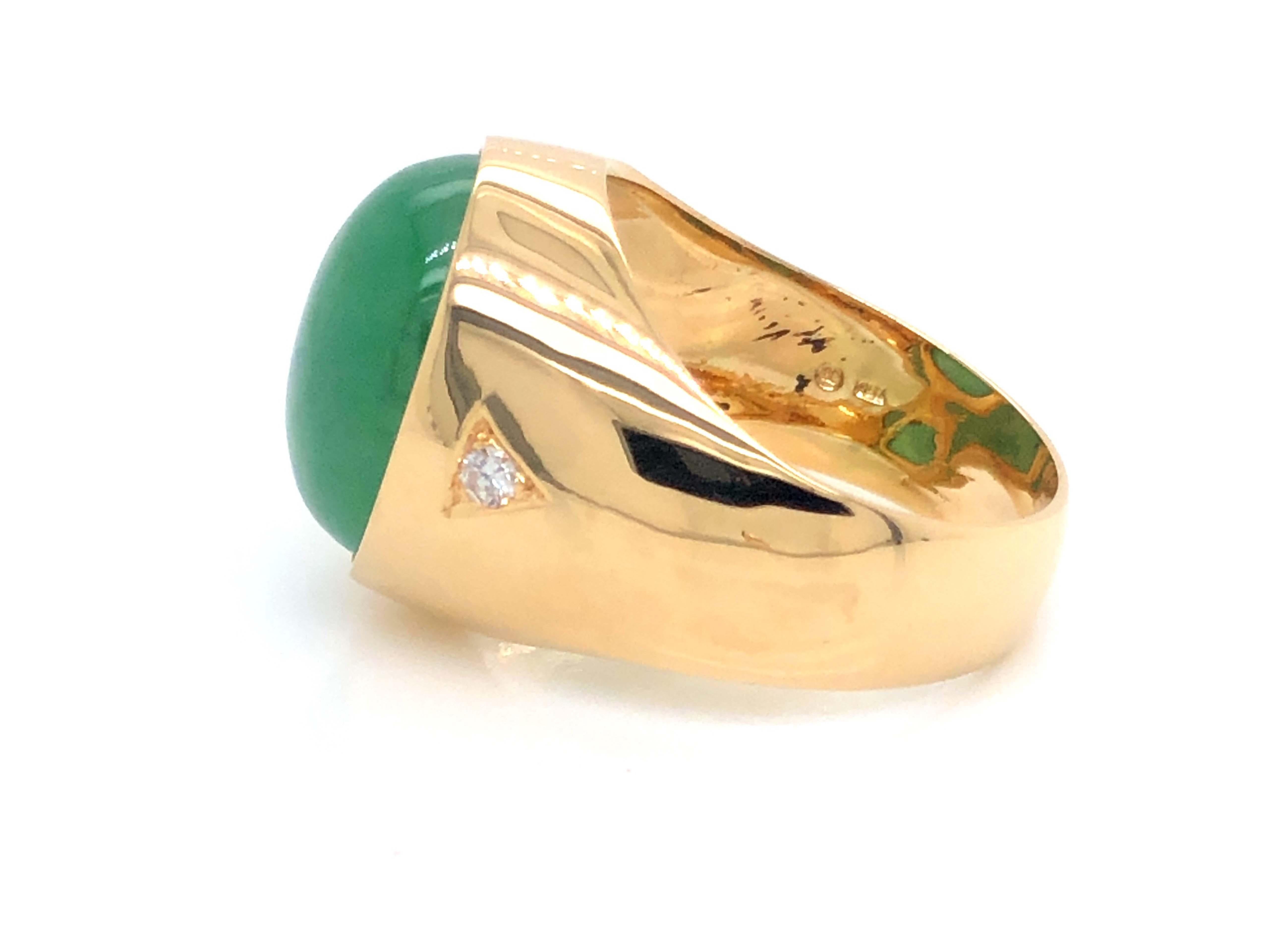 Oval Cut Men's Oval Green Jade and Diamond Ring, 18k Yellow Gold