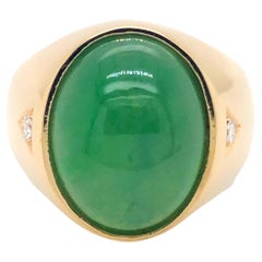 Men's Oval Green Jade and Diamond Ring, 18k Yellow Gold
