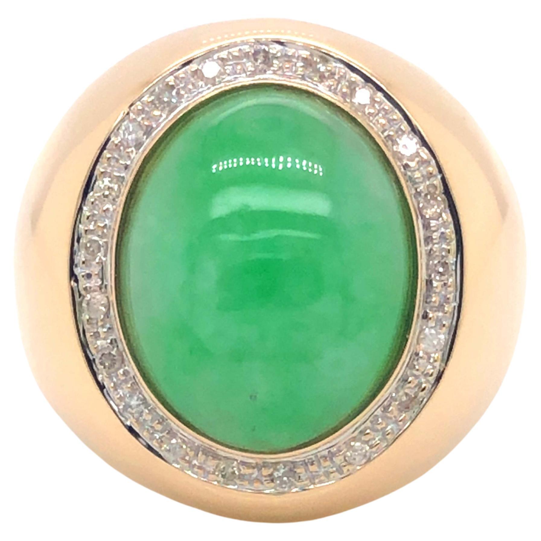 Men's Oval Light Green Jade and Diamond Halo Ring, 14k Yellow Gold