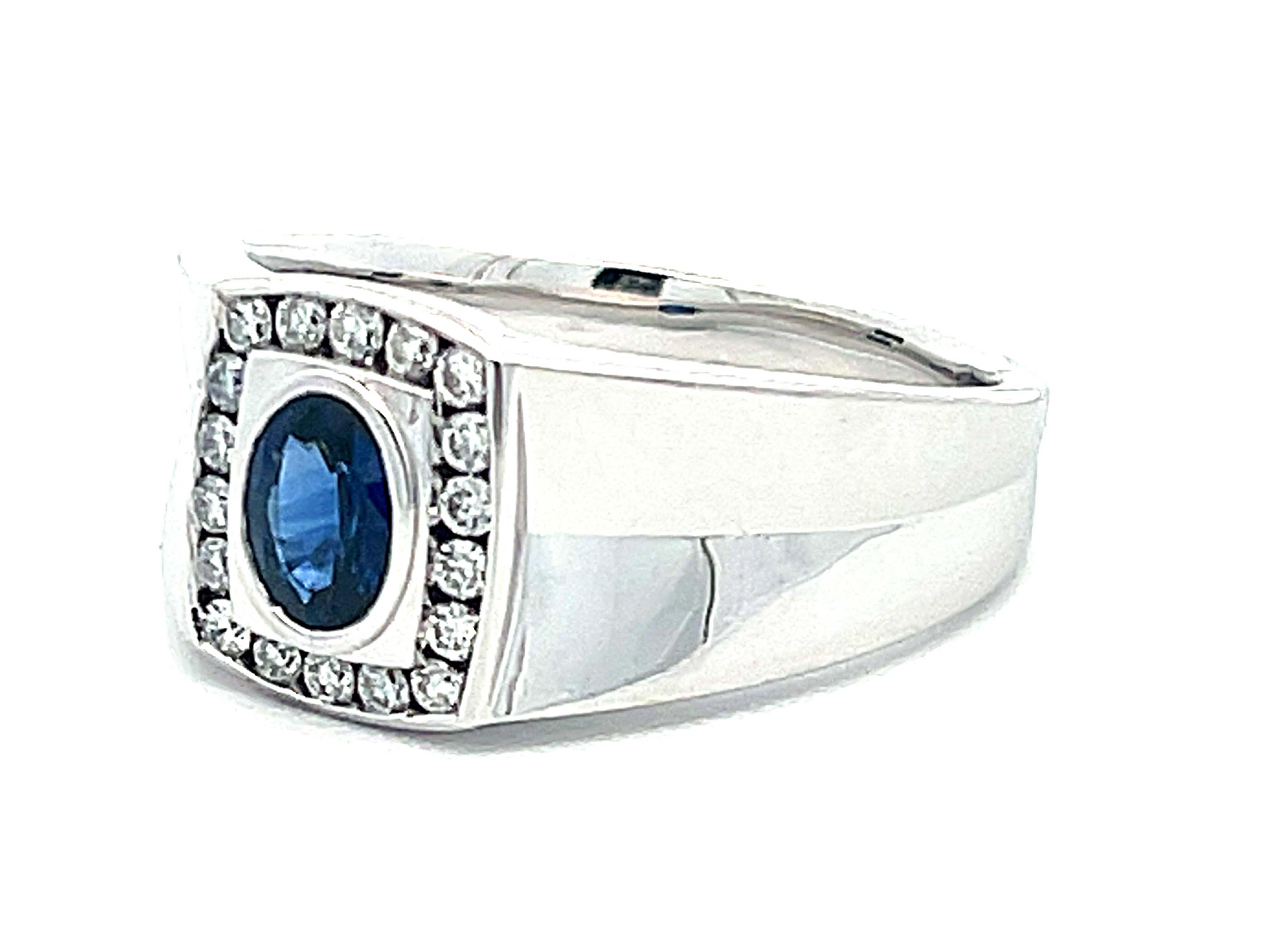 Mens Oval Sapphire Center and Diamond Halo Ring in 14k White Gold In Excellent Condition For Sale In Honolulu, HI
