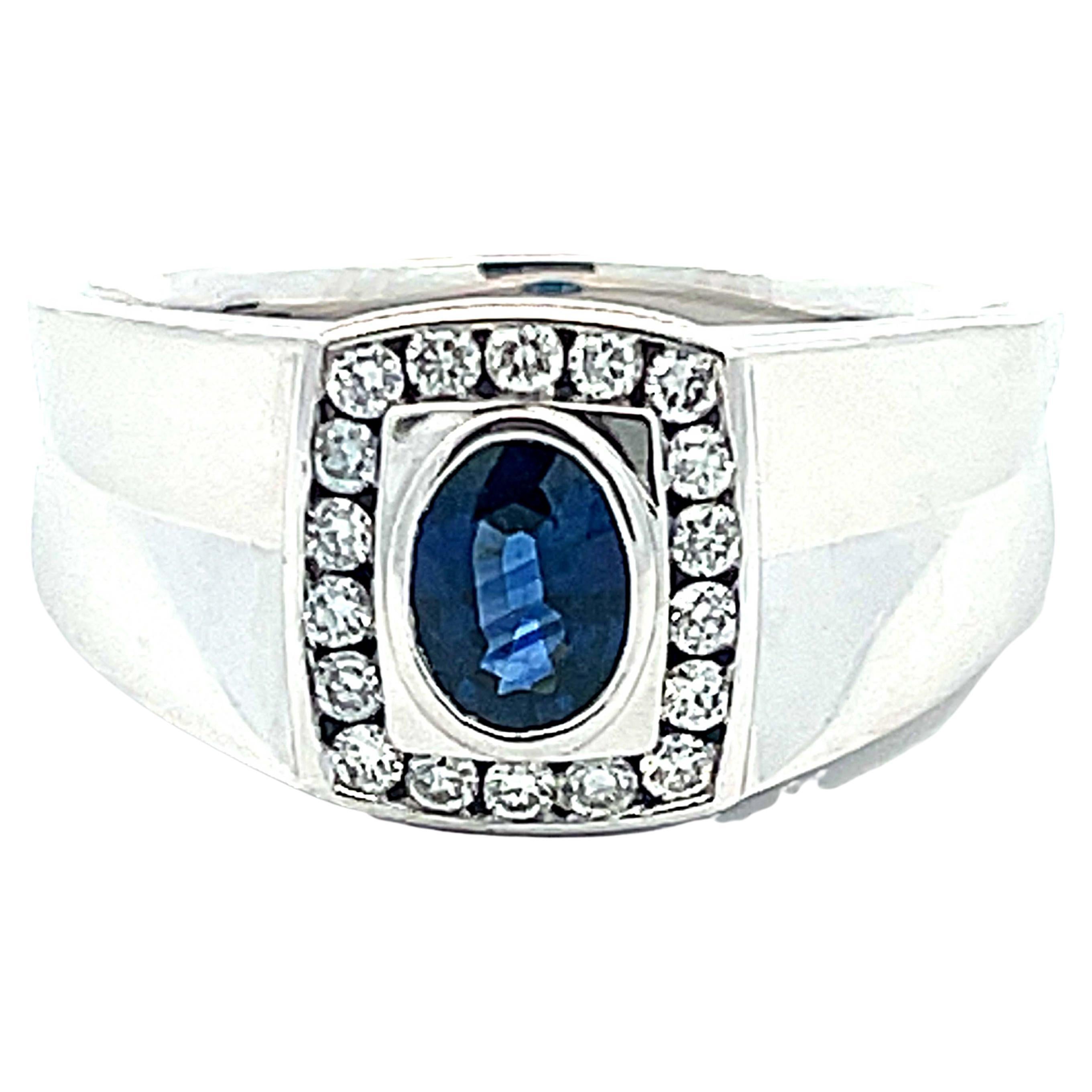 Mens Oval Sapphire Center and Diamond Halo Ring in 14k White Gold For Sale