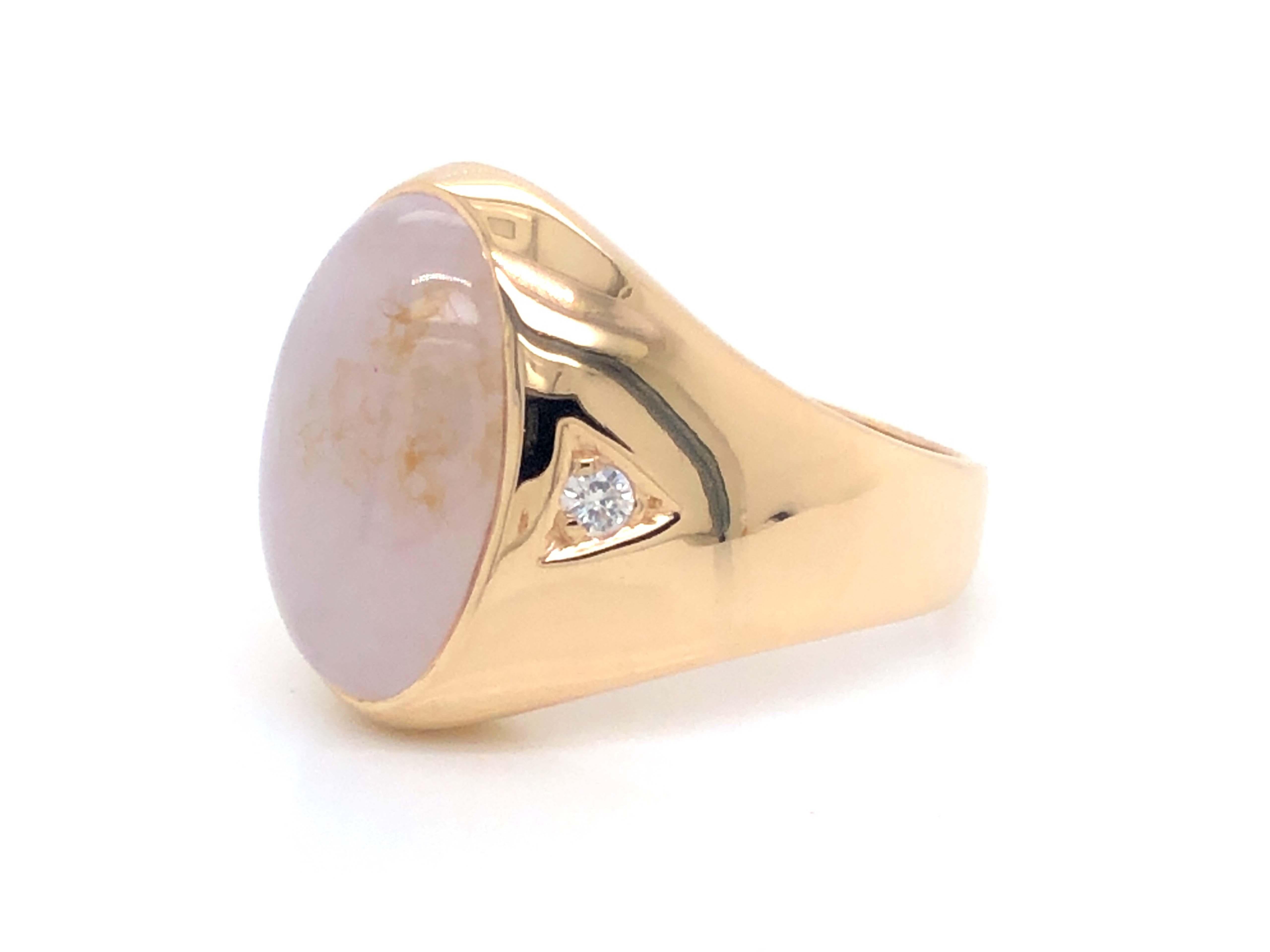 Modern Men's Oval White Jade and Diamond Ring - 14k Yellow Gold For Sale
