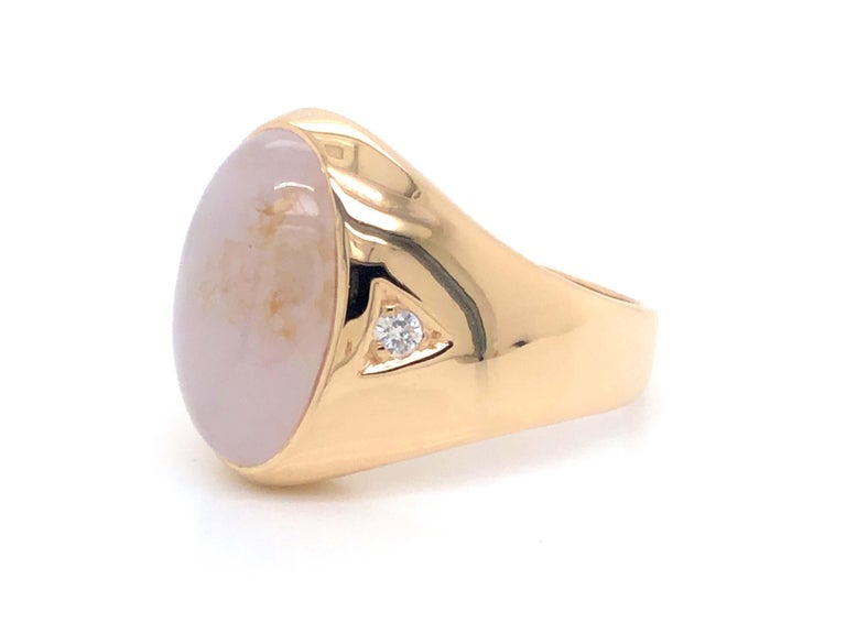 Oval Cut Men's Oval White Jade and Diamond Ring - 14k Yellow Gold For Sale