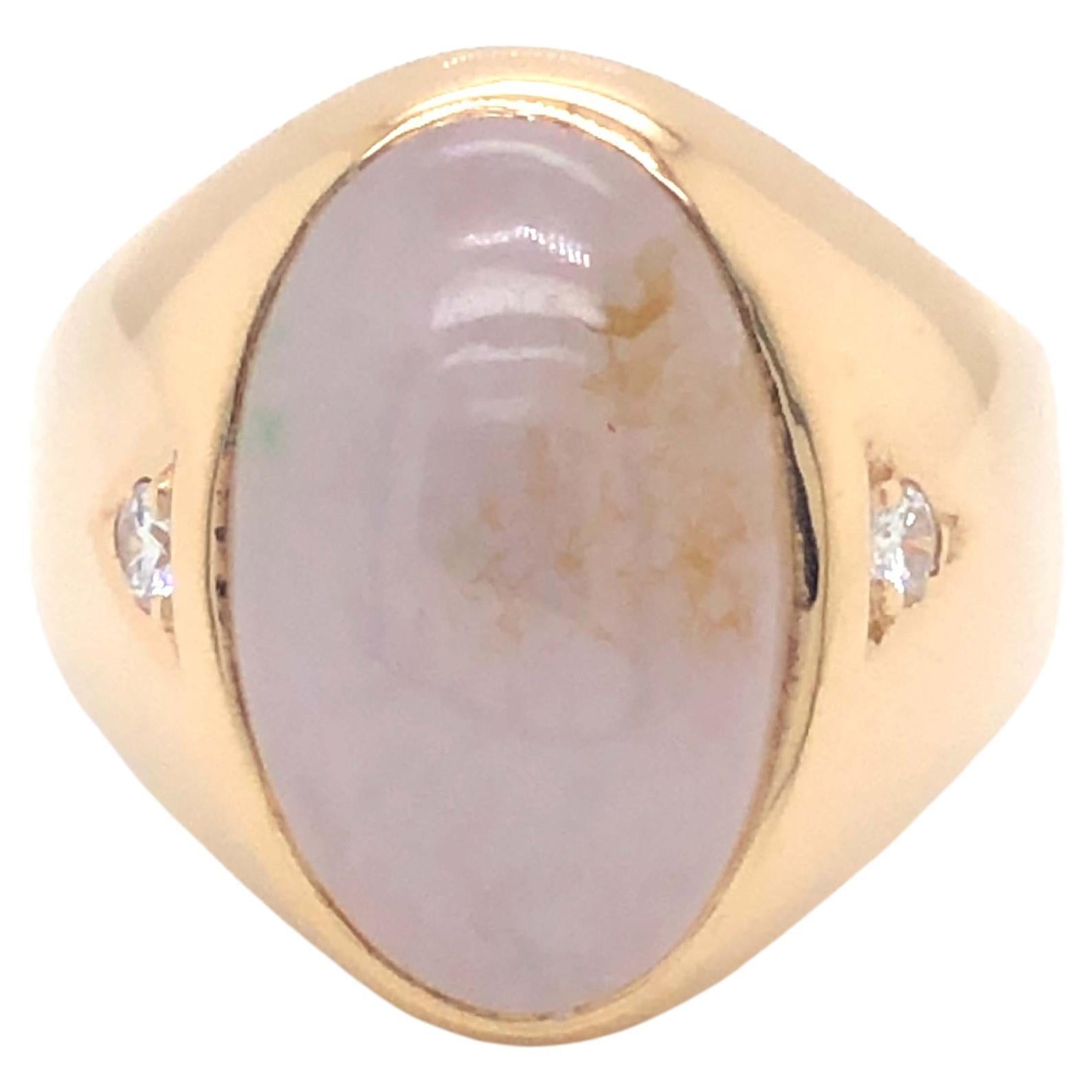 Men's Oval White Jade and Diamond Ring - 14k Yellow Gold