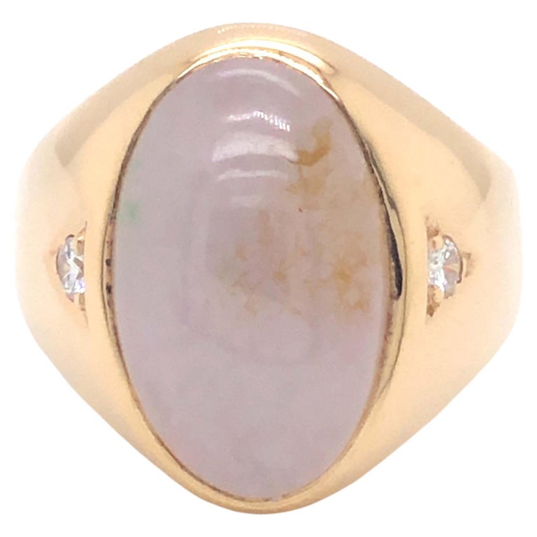 Men's Oval White Jade and Diamond Ring - 14k Yellow Gold For Sale