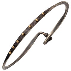 Men's Oxidized Hammered Sterling Silver Bangle with 14 Karat Yellow Gold Studs