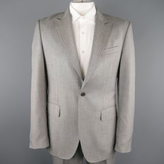 Men's PACO RABANNE 44 Silver Grey Solid Wool Blend Top Stitch Peak Lapel Suit