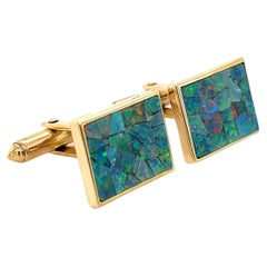 Men’s Pair Opal Mosaic Inlay Gold Cufflinks Estate Fine Jewelry