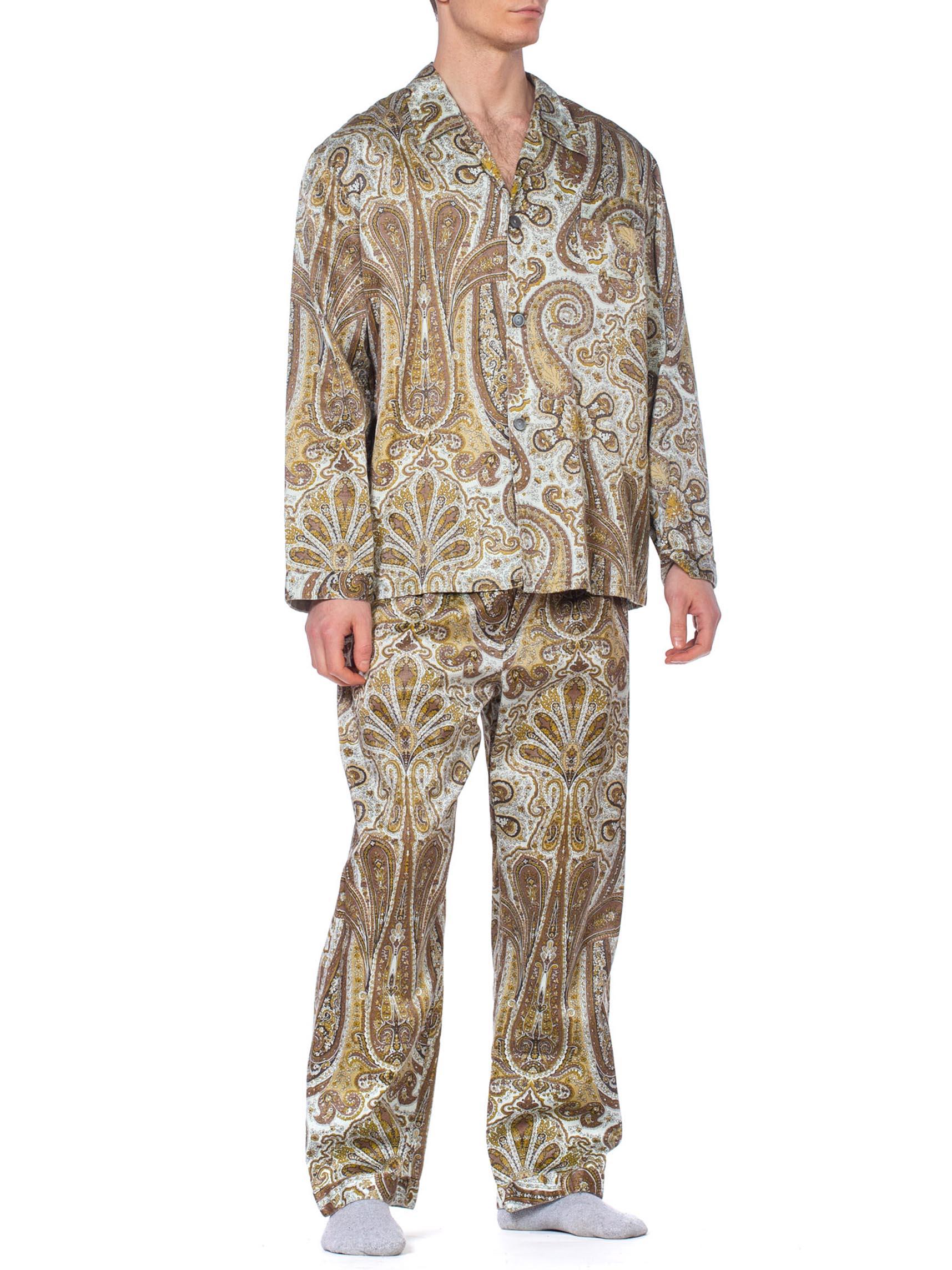 1970S Paisley Cotton Backed Rayon Satin Pajamas Set
