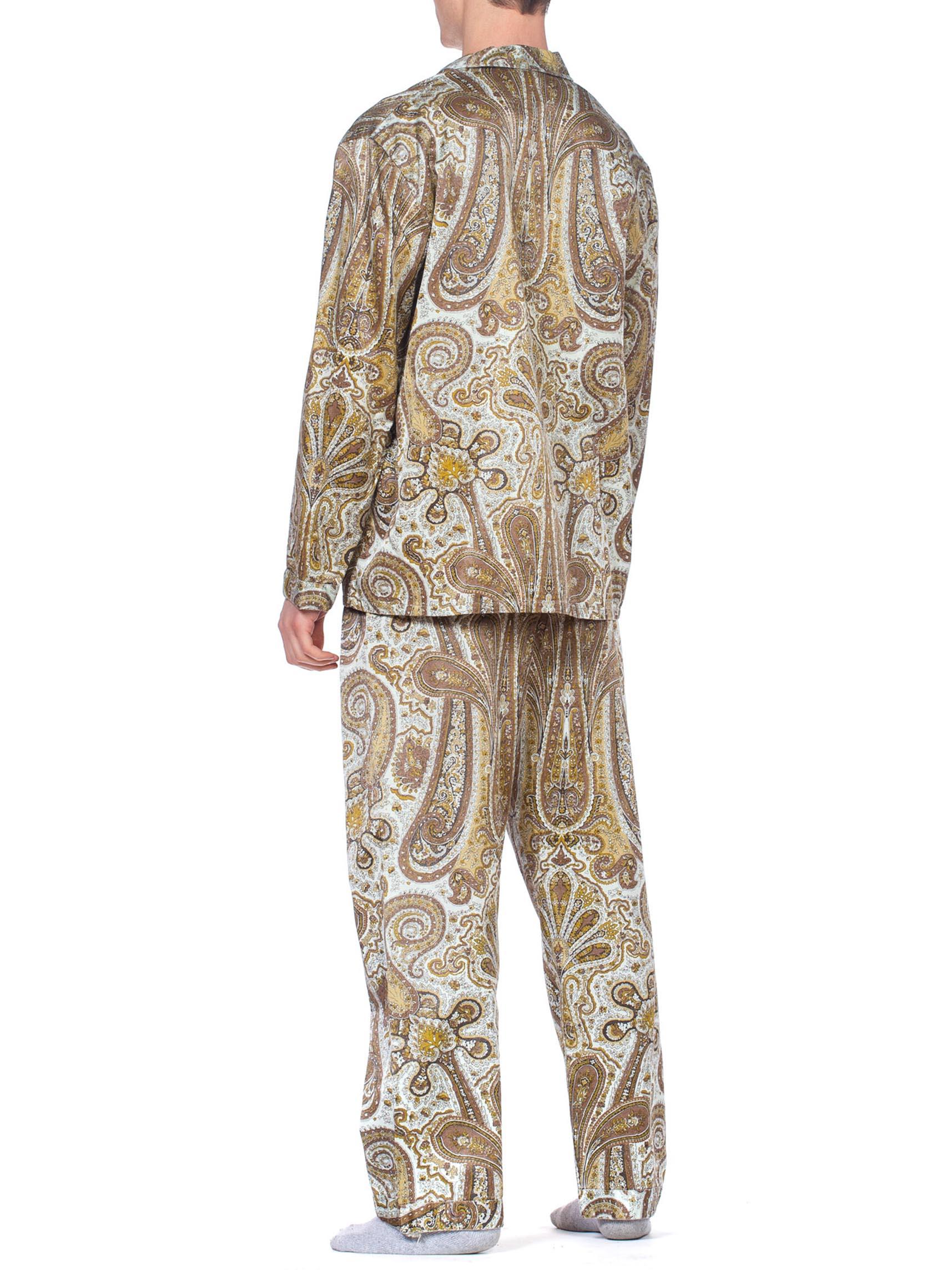 Brown 1970S Paisley Cotton Backed Rayon Satin Pajamas Set For Sale