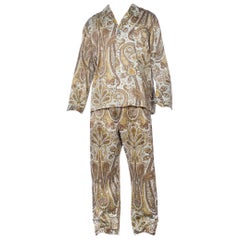 1970S Paisley Cotton Backed Rayon Satin Pajamas Set