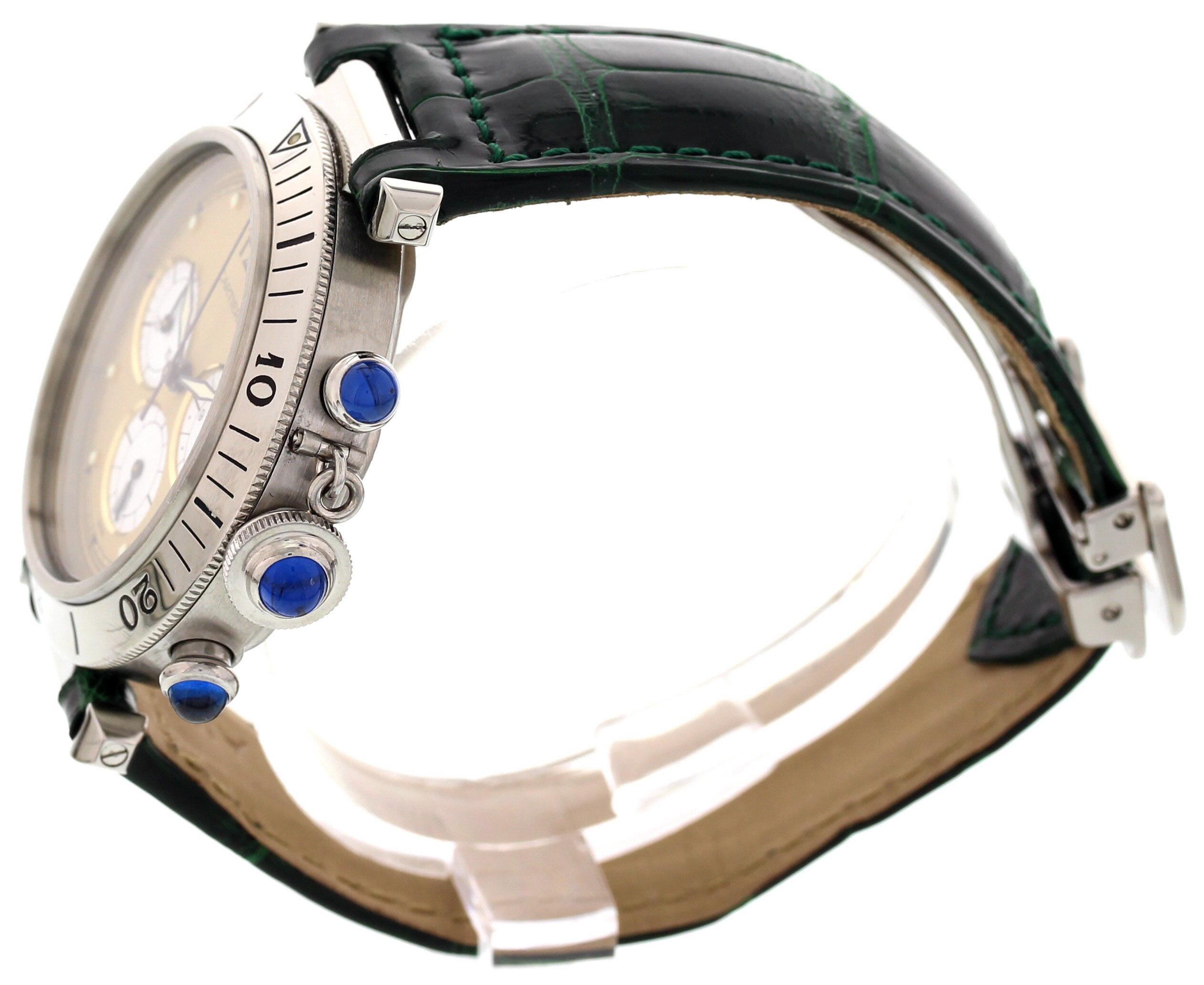 Men's Pasha de Cartier. Stainless steel 38 mm case. Stainless steel count-up bezel. Beige dial with white sub-dials. The crown contains a blue cabochon. Features include a chronograph and luminous hands & markers. Green leather band with a stainless