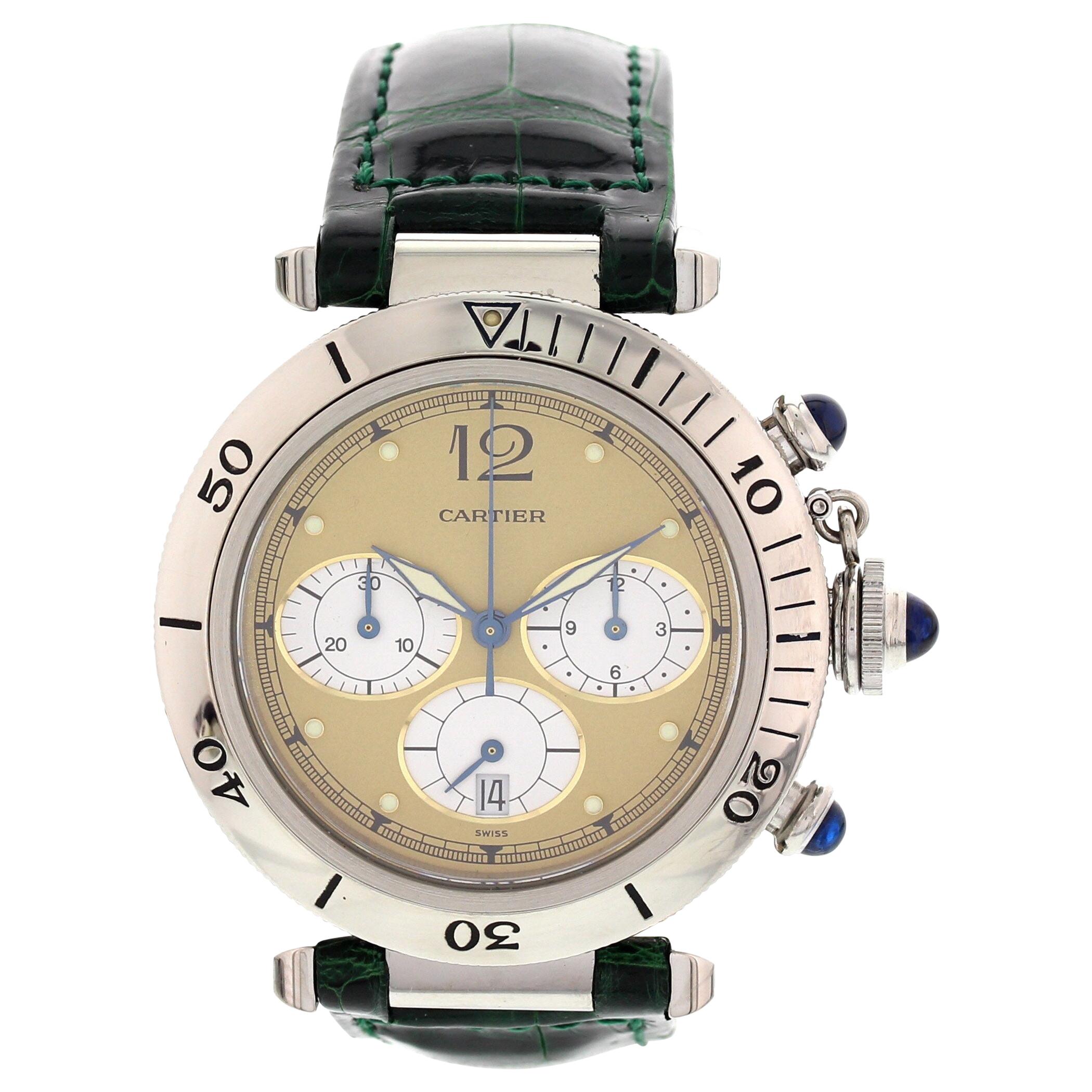 Men's Pasha de Cartier Chronograph Stainless Steel Watch For Sale