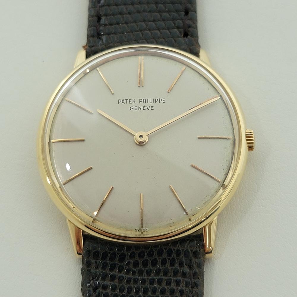 Timeless luxury, Men's 18k solid gold Patek Philippe 3536 Calatrava manual wind dress watch, c.1960s, in excellent working condition. Verified authentic by a master watchmaker. Patek Philippe signed dial, applied stick index hour markers, gilt