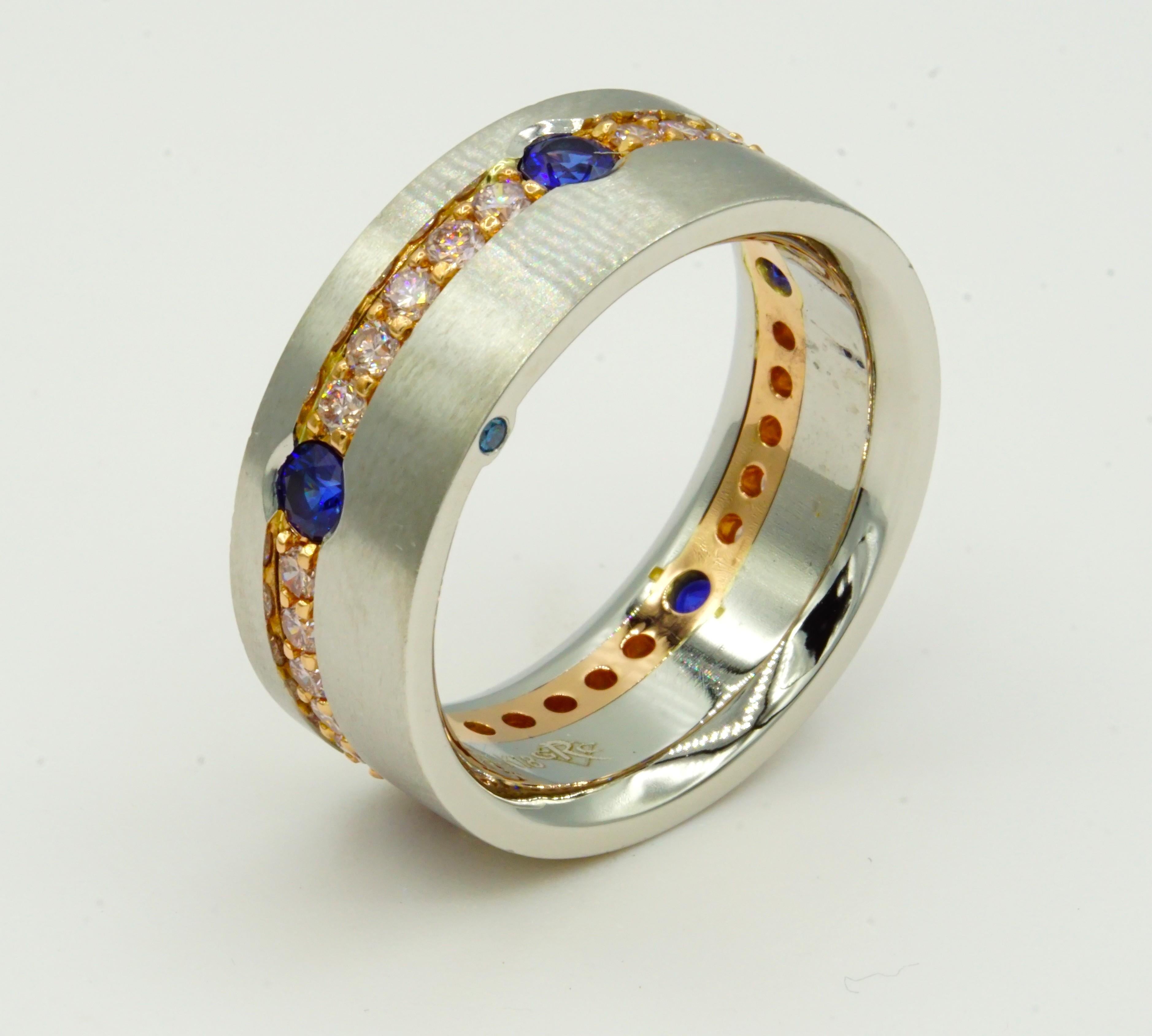 Modern Men's Platinum 18kt Rose Ceylon Sapphire Pink Diamond Band Custom Made-To-Order For Sale