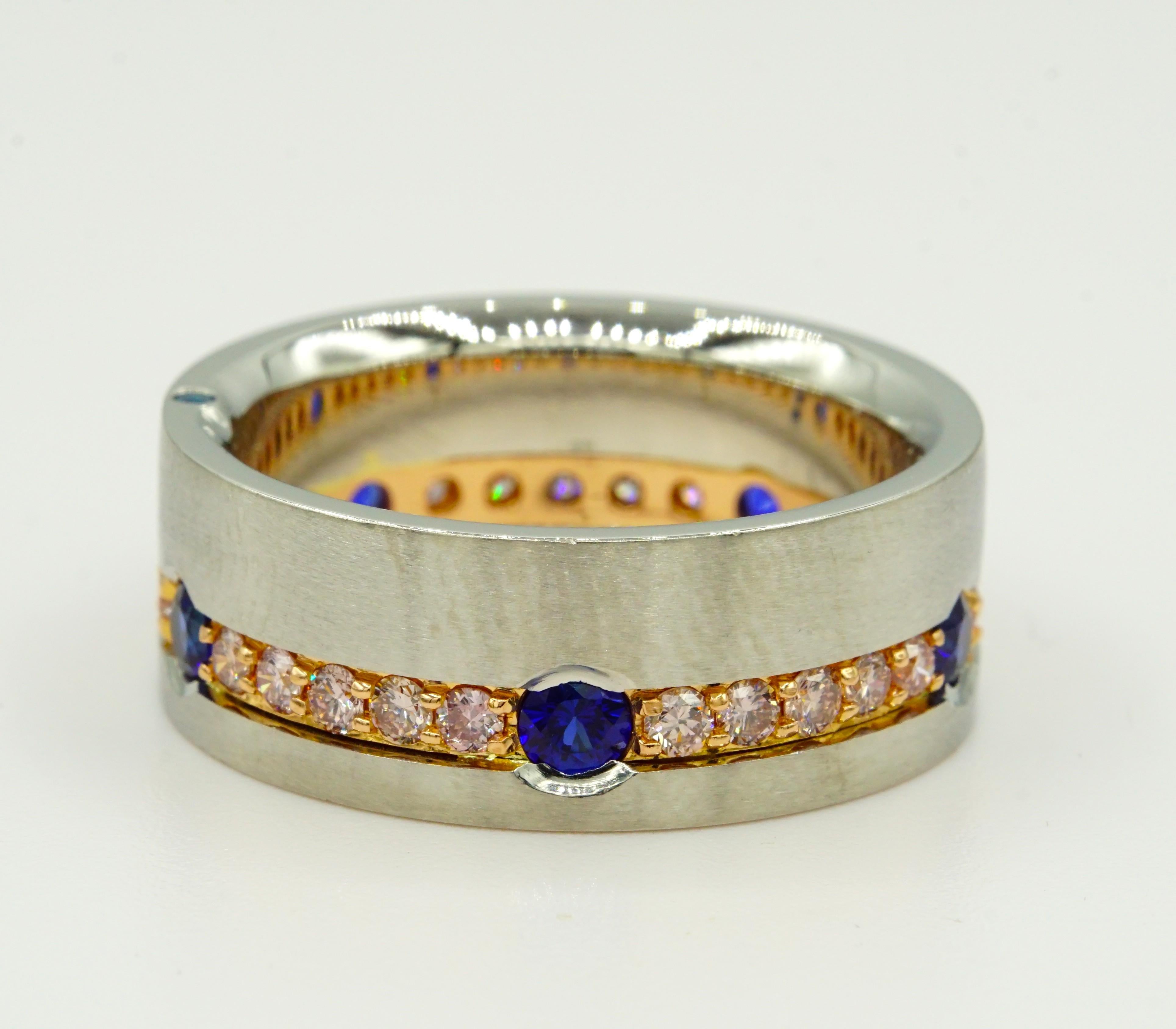Men's Platinum 18kt Rose Ceylon Sapphire Pink Diamond Band Custom Made-To-Order In New Condition For Sale In San Diego, CA