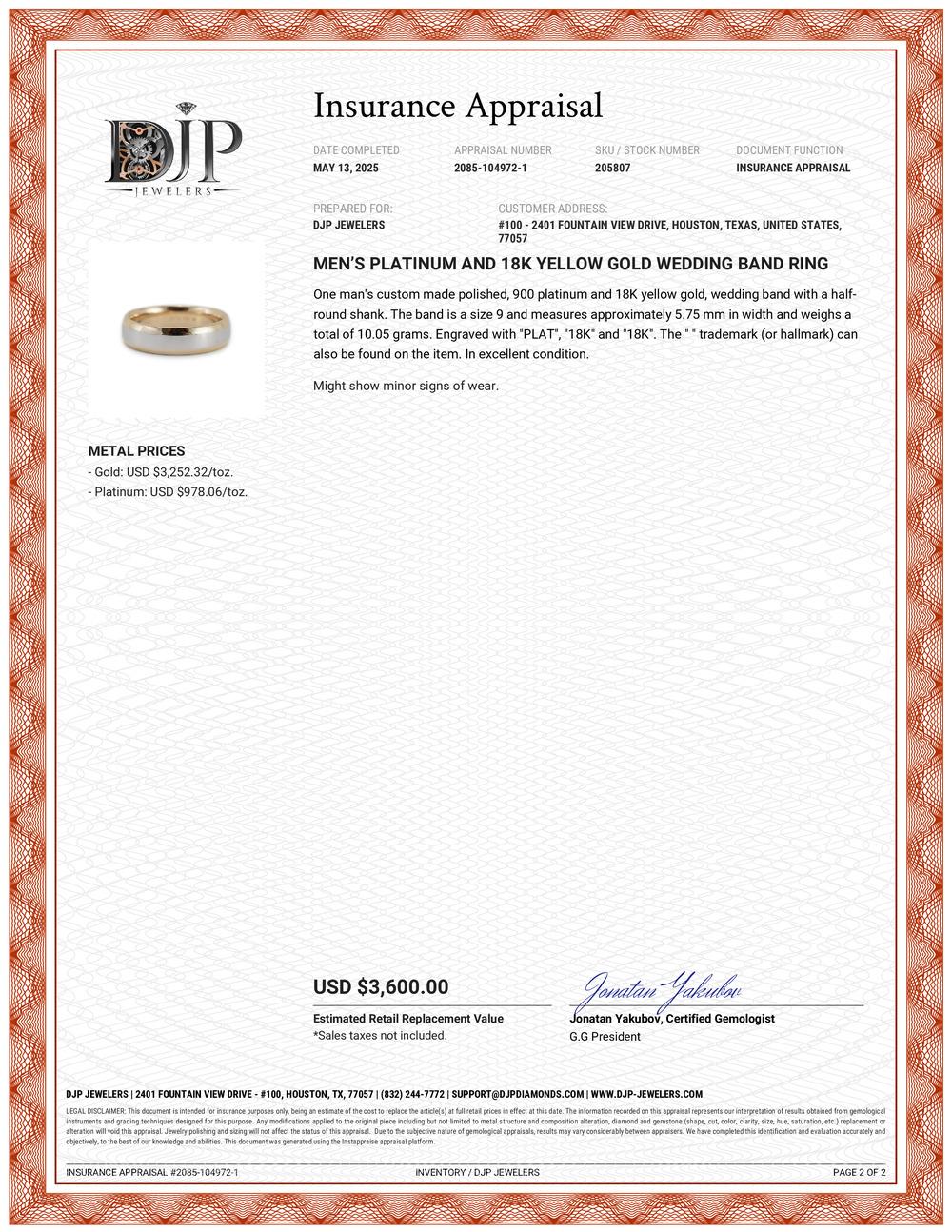Ehering aus Platin und 18 Karat Gelbgold für Männer im Angebot 2