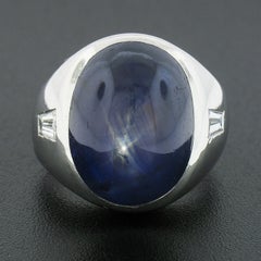 Men's Platinum GIA Certified Burma No Heat Star Sapphire & Baguette Diamond Ring