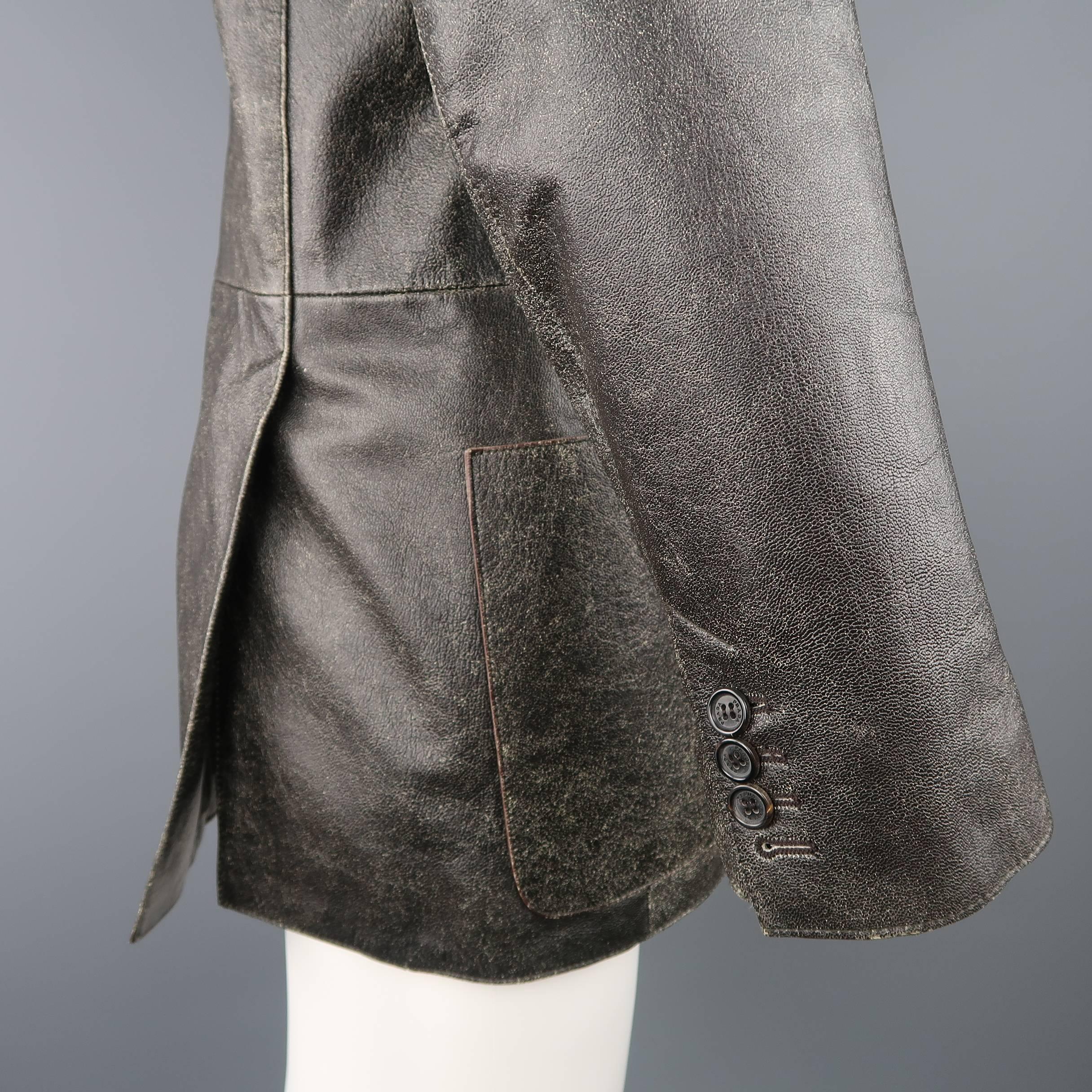 Gray Men's PRADA 40 Dark Brown Distressed Crackled Leather Sport Coat Jacket