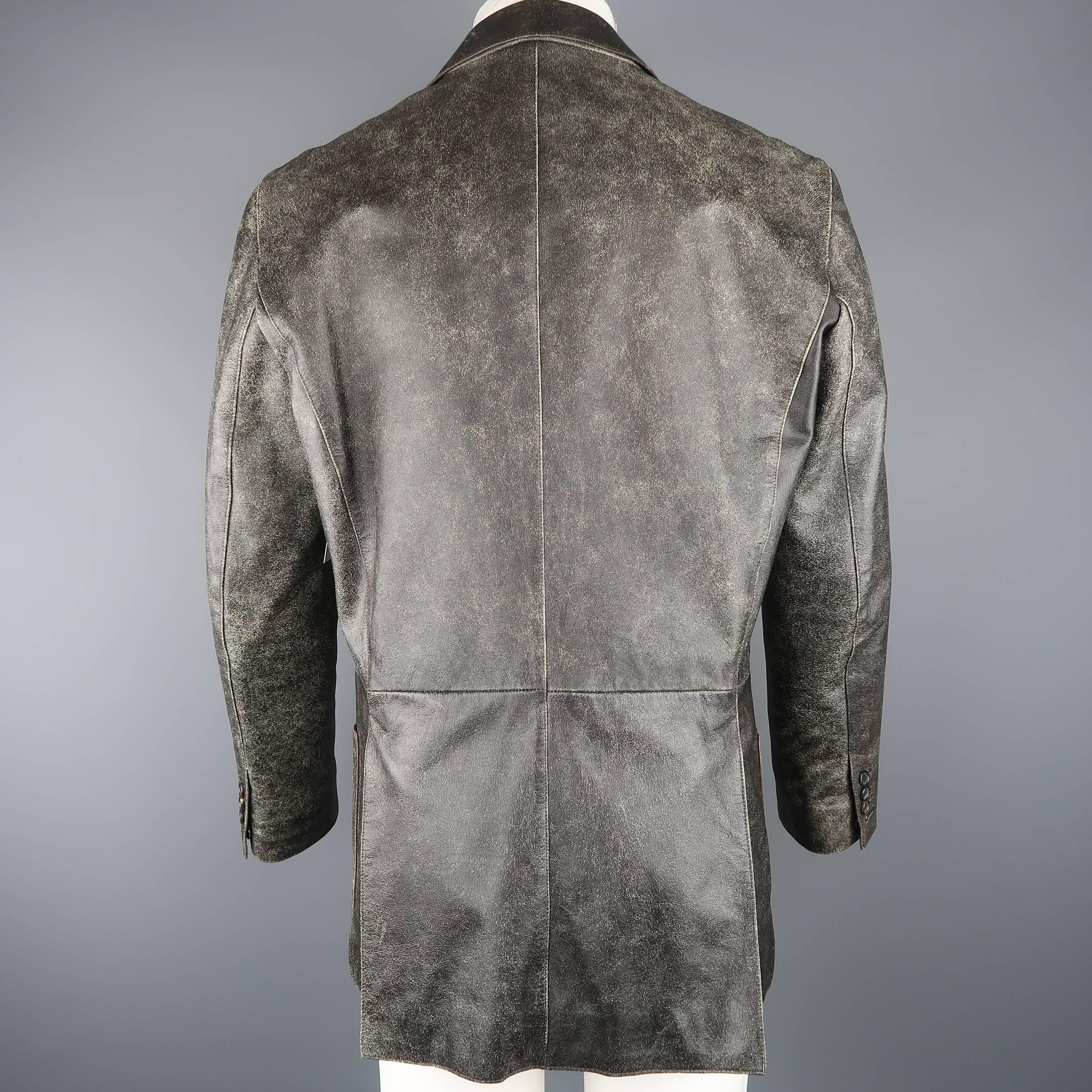 Men's PRADA 40 Dark Brown Distressed Crackled Leather Sport Coat Jacket In Excellent Condition In San Francisco, CA