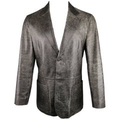 Hommes PRADA 40 Dark Brown Distressed Crackled Leather Sport Coat Jacket