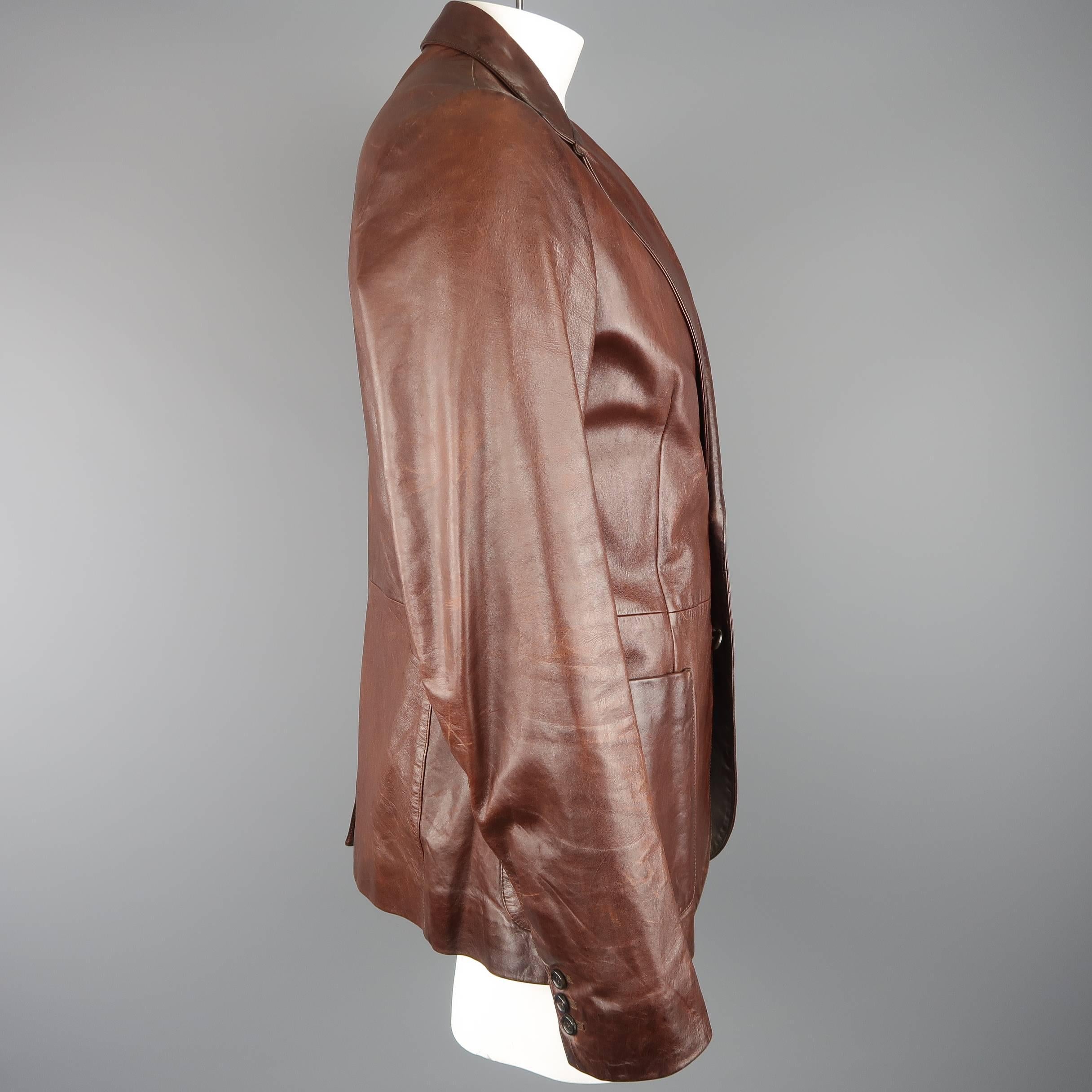 Men's PRADA 42 Brown Leather Notch Lapel Sport Coat Jacket In Fair Condition In San Francisco, CA