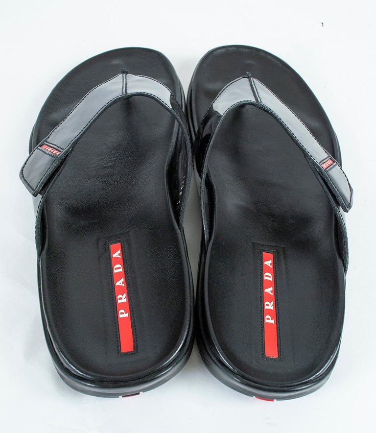Prada Black Patent Thong Sandals with Red Logo Tabs Luxury × Prada × Vintage Prada Linea Rossa Red Tab & Logo  main image 3