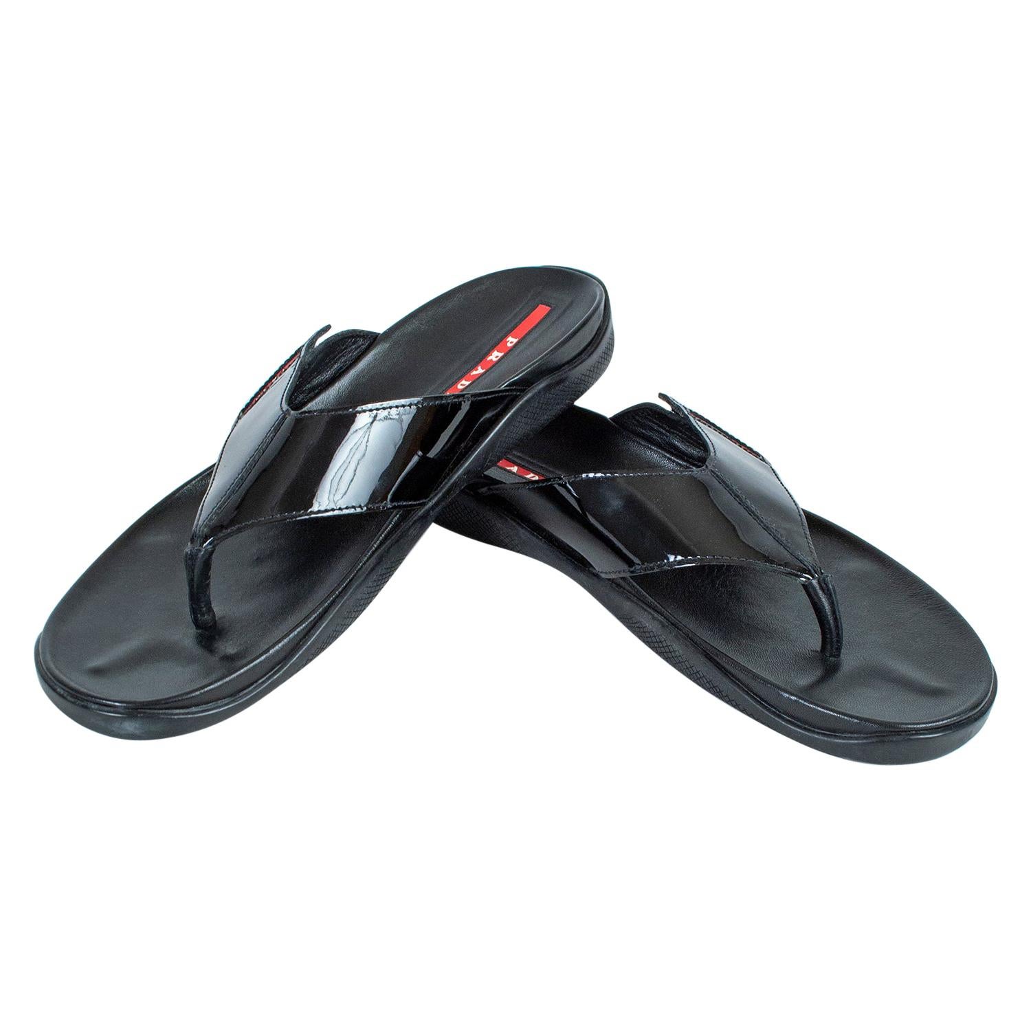 Men's Prada Black Patent Leather Flip Flop Thong Sandals - 21st Century, US  11 at 1stDibs | mens prada flip flops, prada flip flops mens, black patent flip  flops