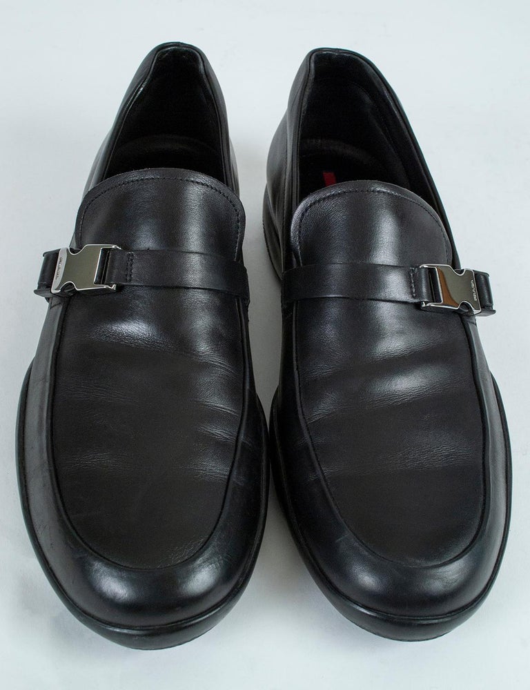 Men\'s Prada Calfskin Engraved Buckle Black Loafer Size US 10/UK 9 $850 Prada Black Leather Logo Buckle Linea Rossa Loafer UK 9  main image 3