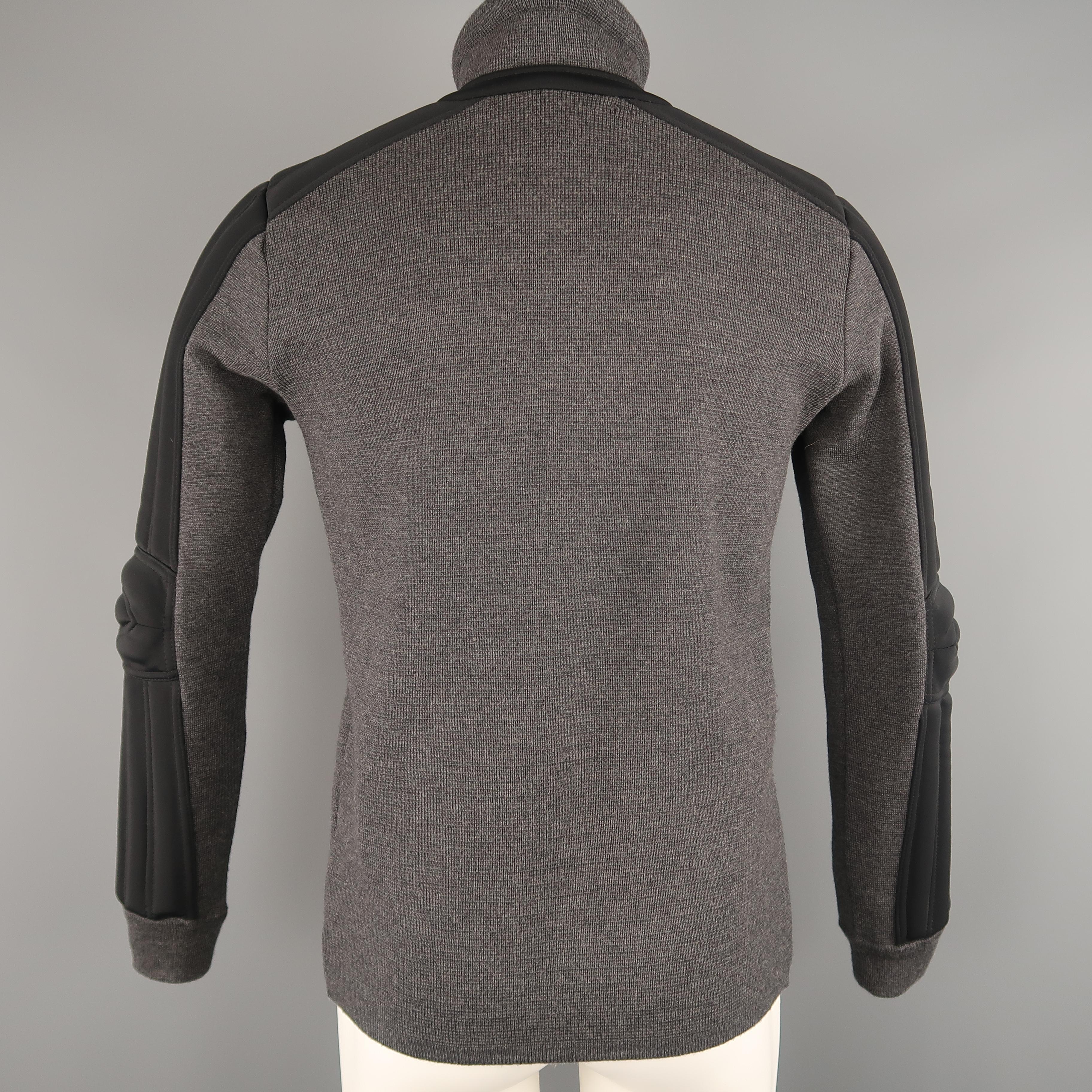 Men's PRADA S Gray Wool Knit High Collar Black Padded Moto Sleeve Jacket 1