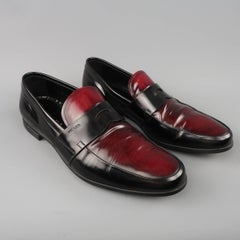 Men's PRADA Size 12 Black & Burgundy Two Toned Leather Penny Loafers