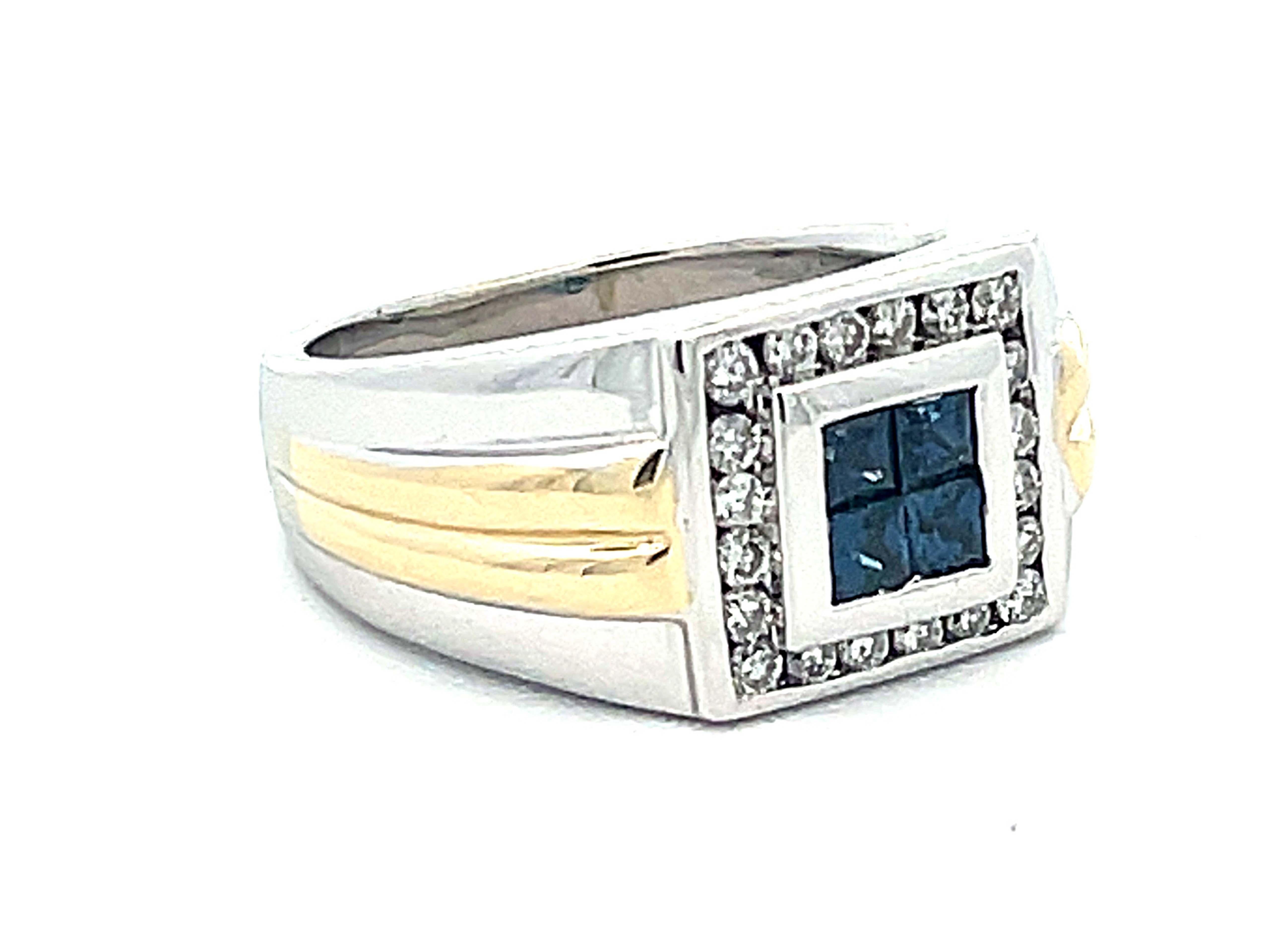 Retro Mens Princess Cut 4 Sapphire Center and Diamond Halo Ring in 14k Gold For Sale