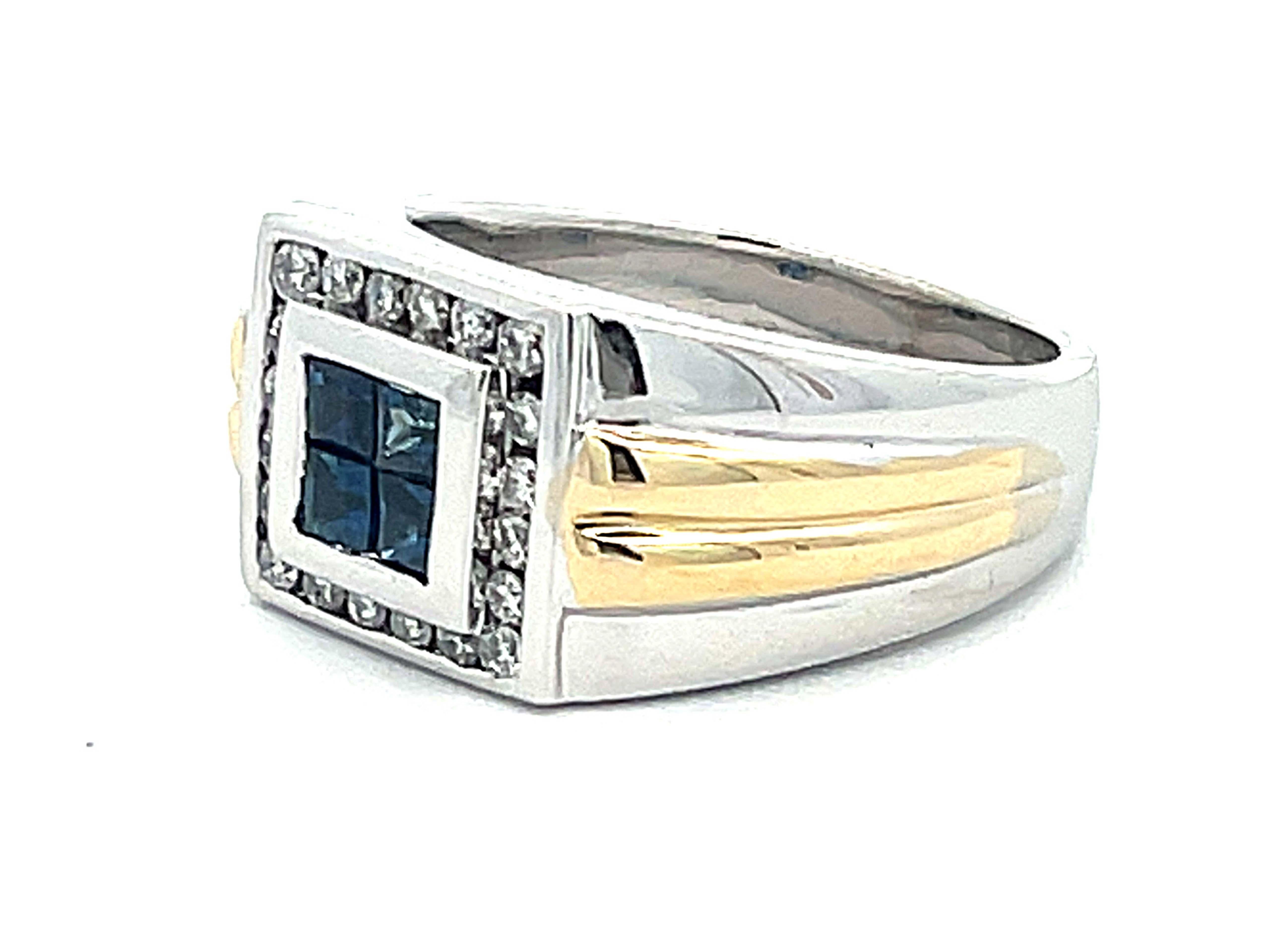 Brilliant Cut Mens Princess Cut 4 Sapphire Center and Diamond Halo Ring in 14k Gold For Sale
