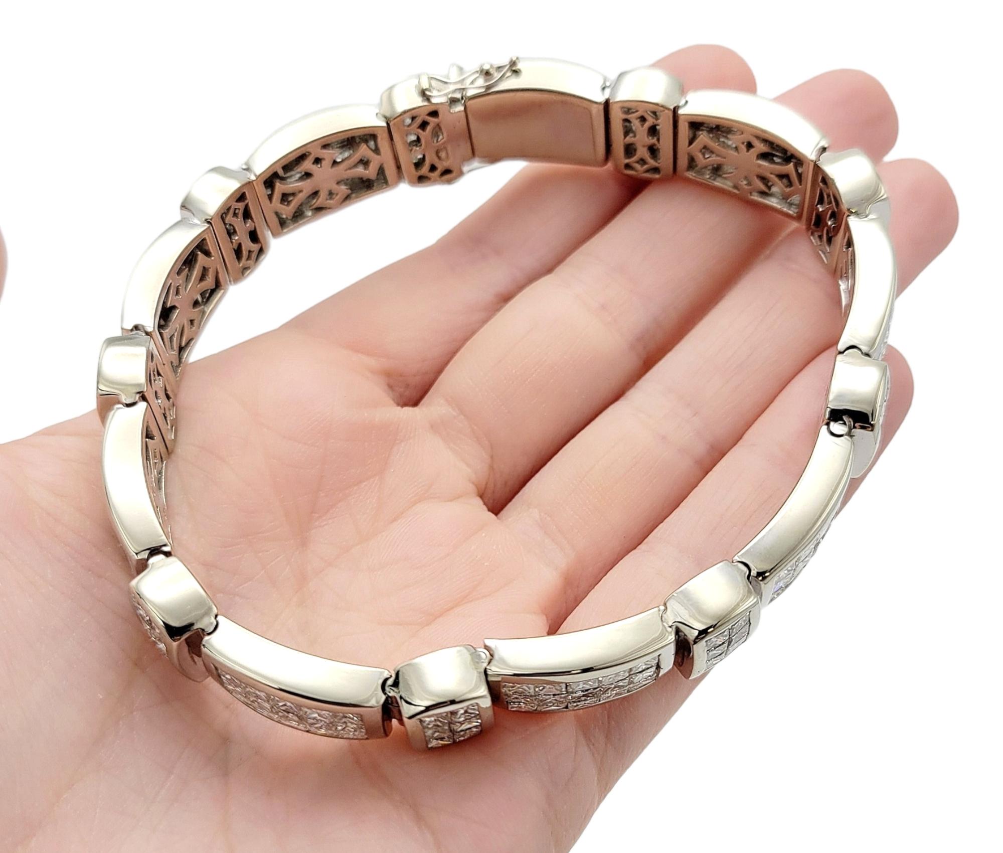 Men's Princess Cut Diamond Invisible Set Bar Link Bracelet 18 Karat White Gold For Sale 8