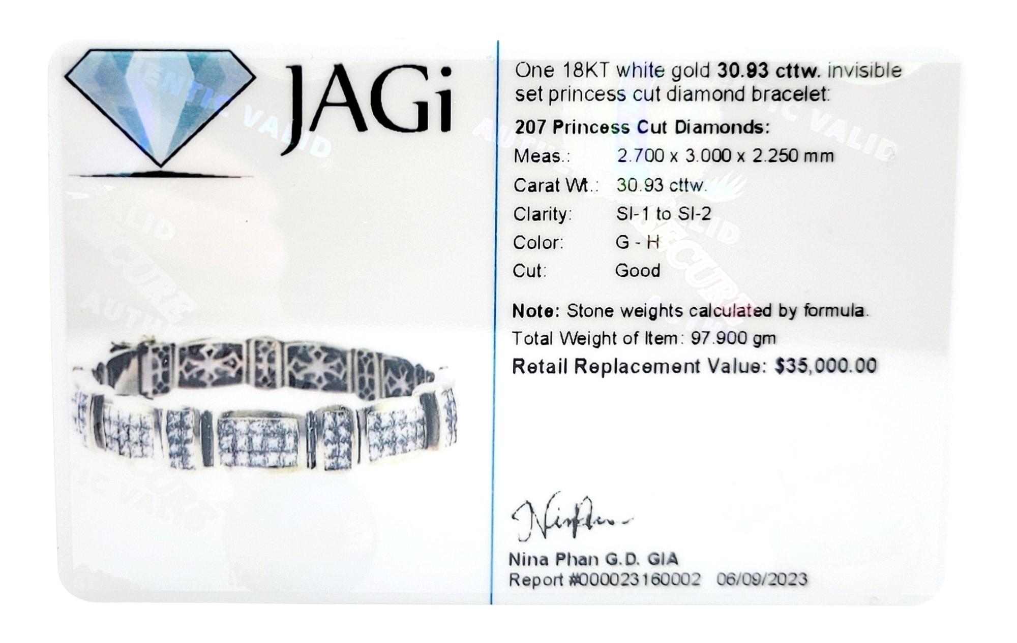 Men's Princess Cut Diamond Invisible Set Bar Link Bracelet 18 Karat White Gold For Sale 9