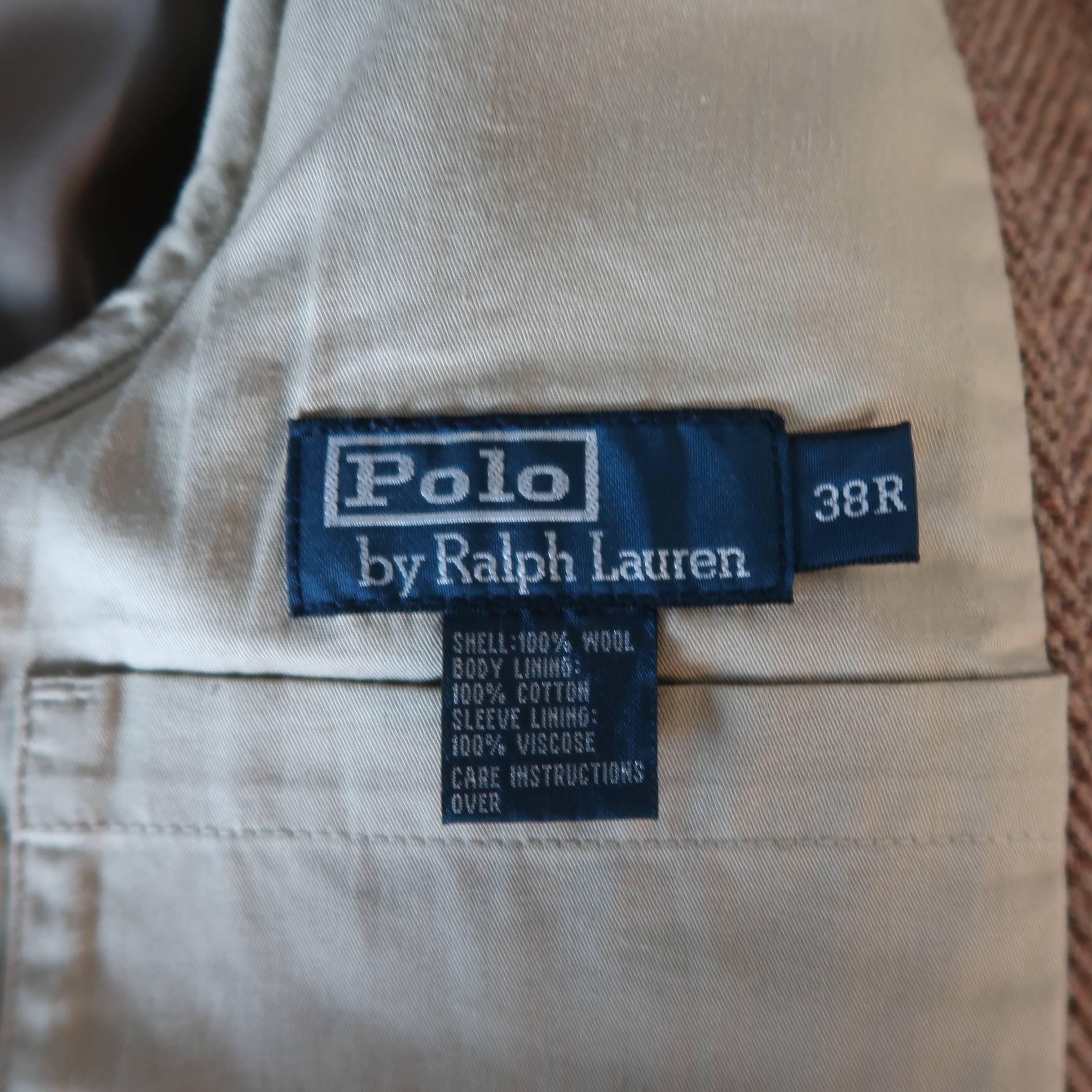 Brown Men's RALPH LAUREN 38 Regular Tan Herringbone Wool Patch Pocket Sport Coat