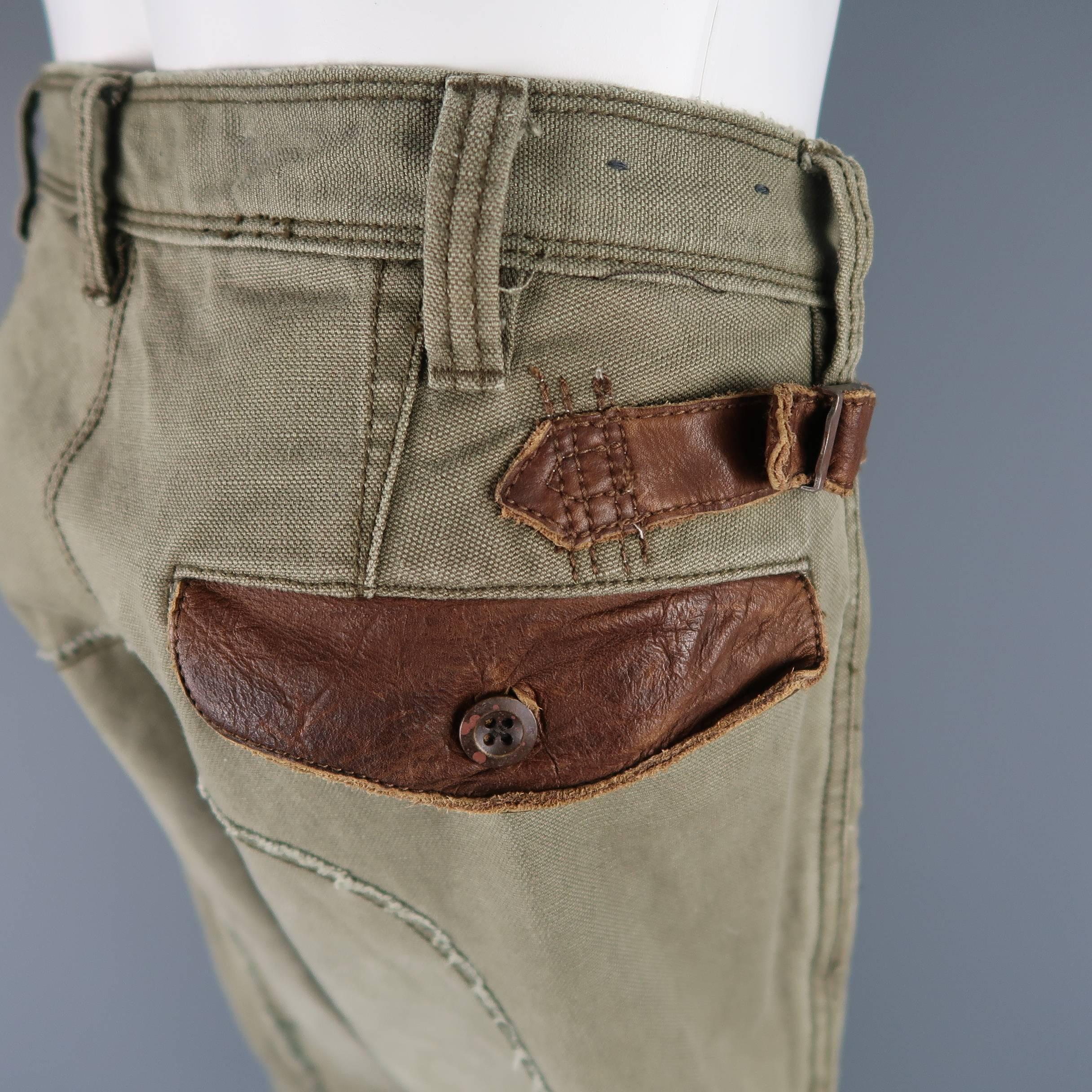 Brown Men's RALPH LAUREN Size 32 Olive Canvas Tan Leather Panel Belt Tab Utility Pants