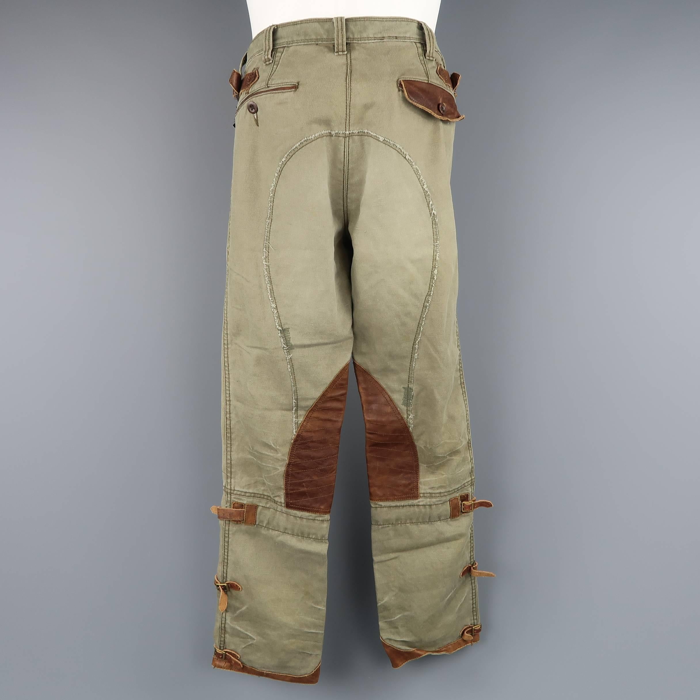 Men's RALPH LAUREN Size 32 Olive Canvas Tan Leather Panel Belt Tab Utility Pants 1