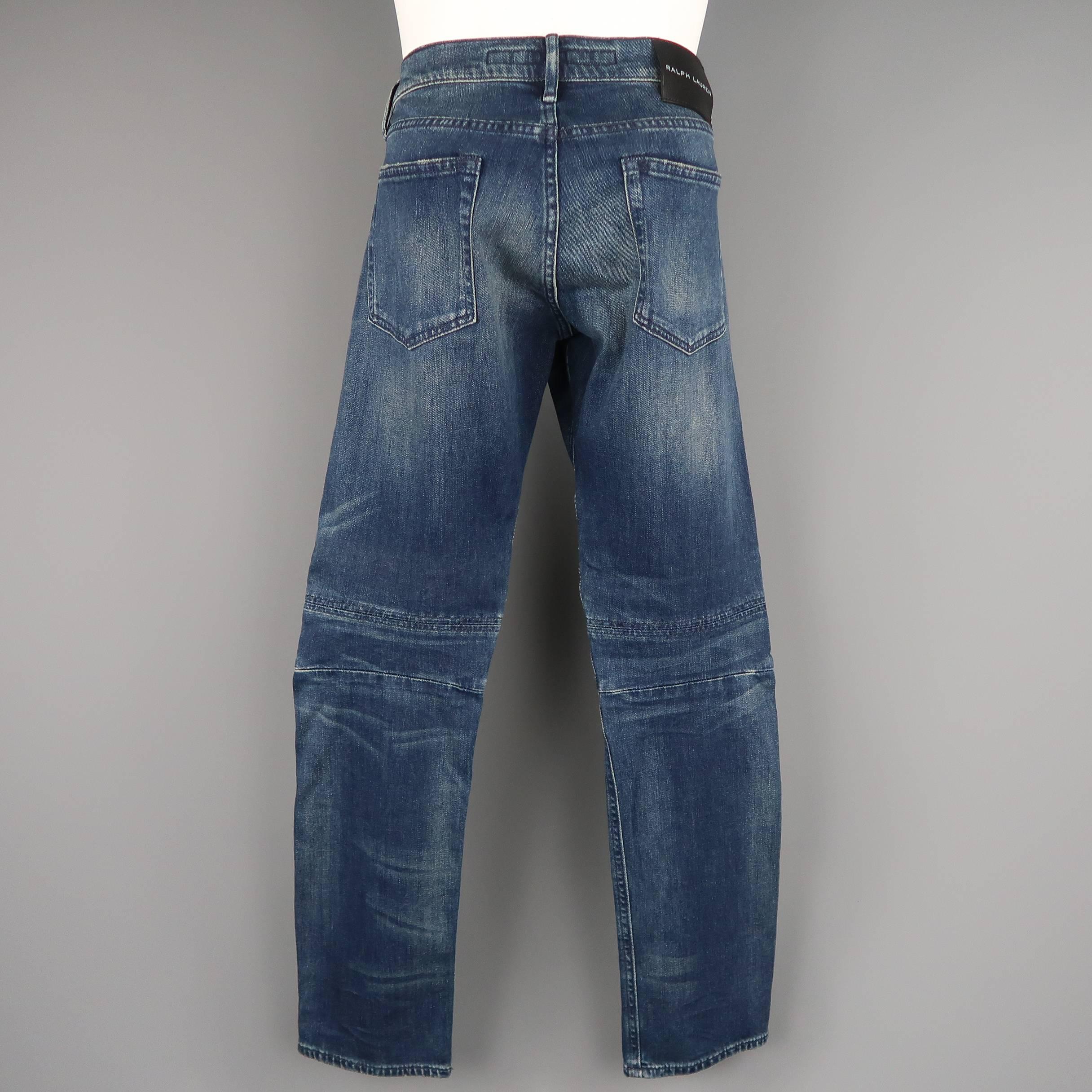 Men's RALPH LAUREN Size 32 Washed Denim Motorcycle Knee Pad Jeans In Excellent Condition In San Francisco, CA