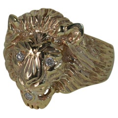 Men's Realistically Formed 9 Carat Gold and Diamond Lion Head Signet Ring