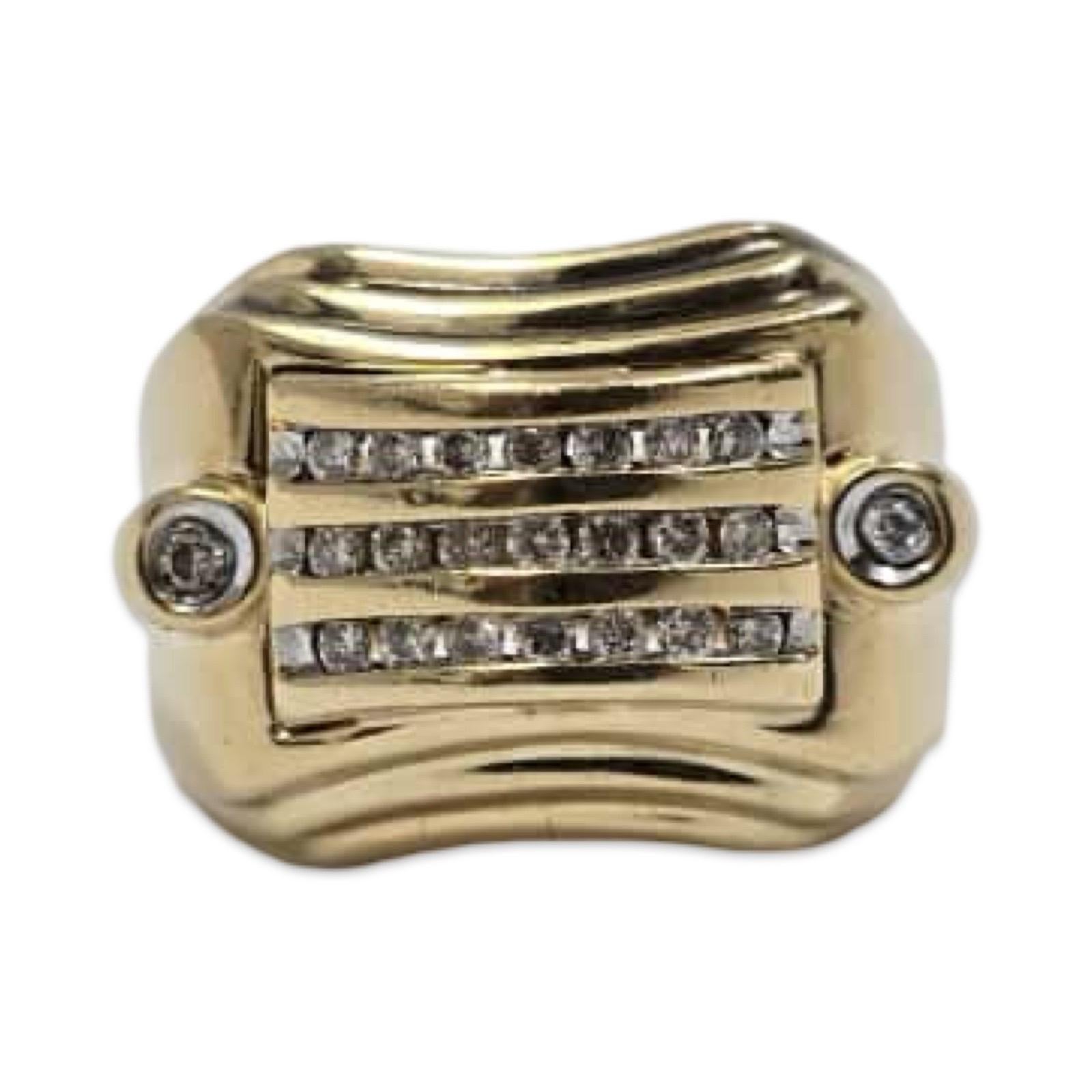 A bold and sophisticated men’s Retro-Modern ring crafted in solid 14K yellow gold, weighing an impressive 13.2 grams. The distinctive sculptural design features three horizontal rows of 21 channel-set round diamonds (1.65 mm each) framed by two