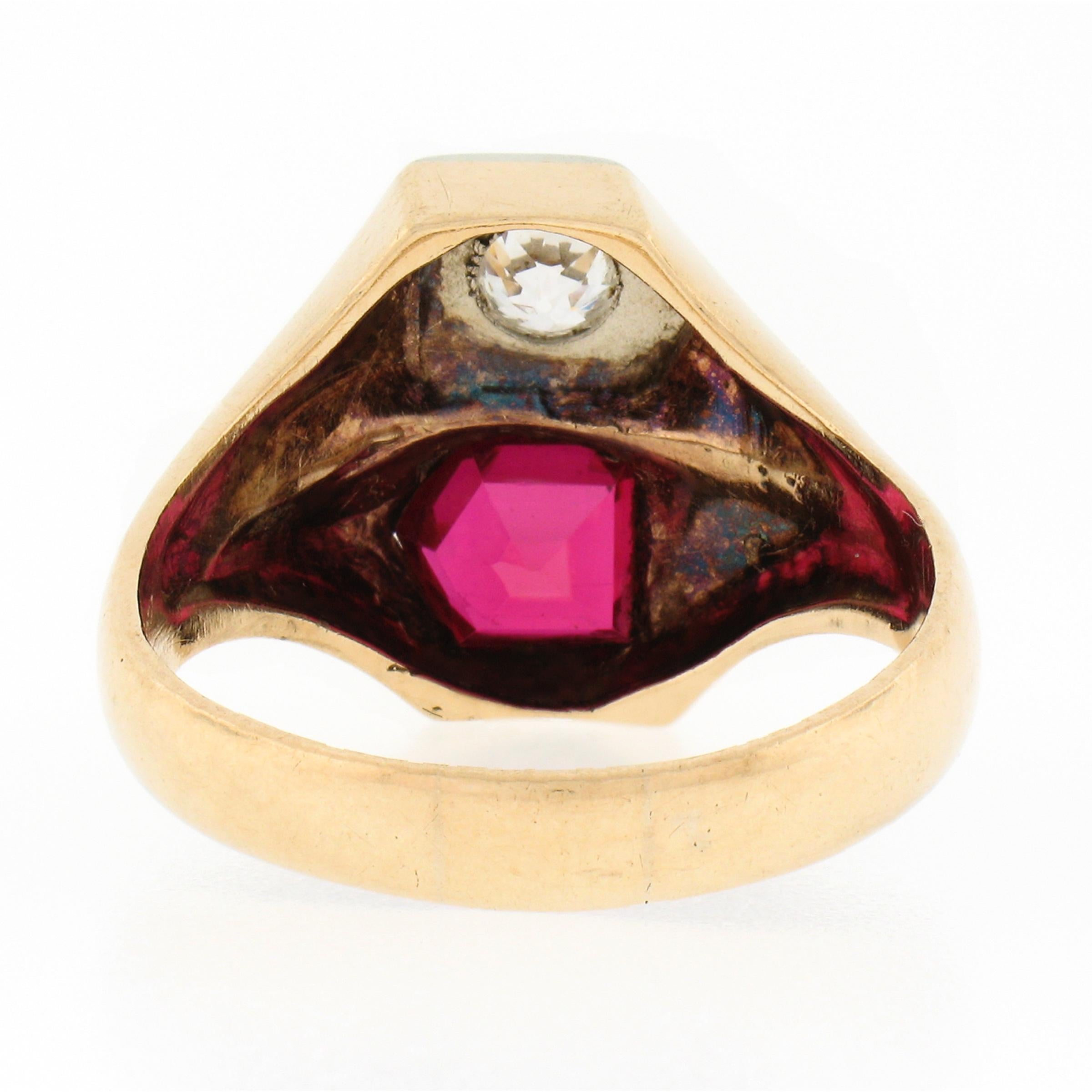 Mens Retro Vintage 14k Gold 0.30ct European Diamond Pentagon Synthetic Ruby Ring In Good Condition In Montclair, NJ