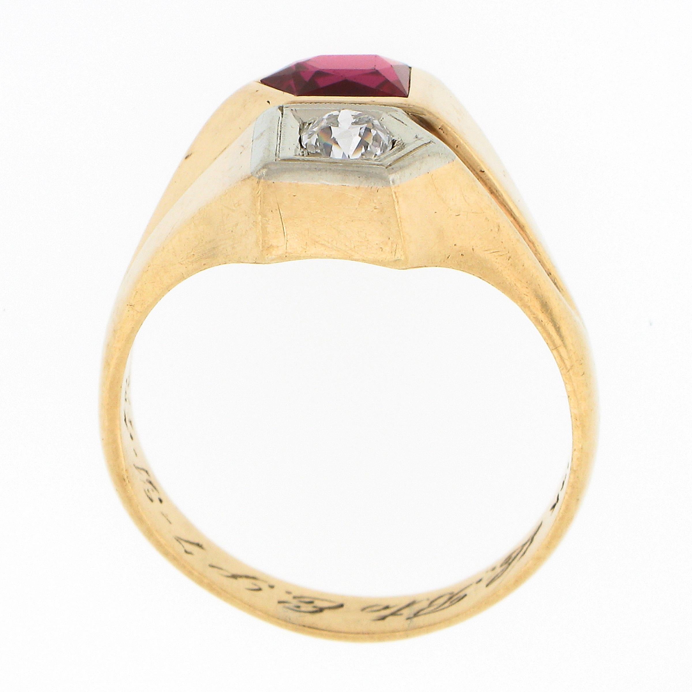 Women's or Men's Mens Retro Vintage 14k Gold 0.30ct European Diamond Pentagon Synthetic Ruby Ring