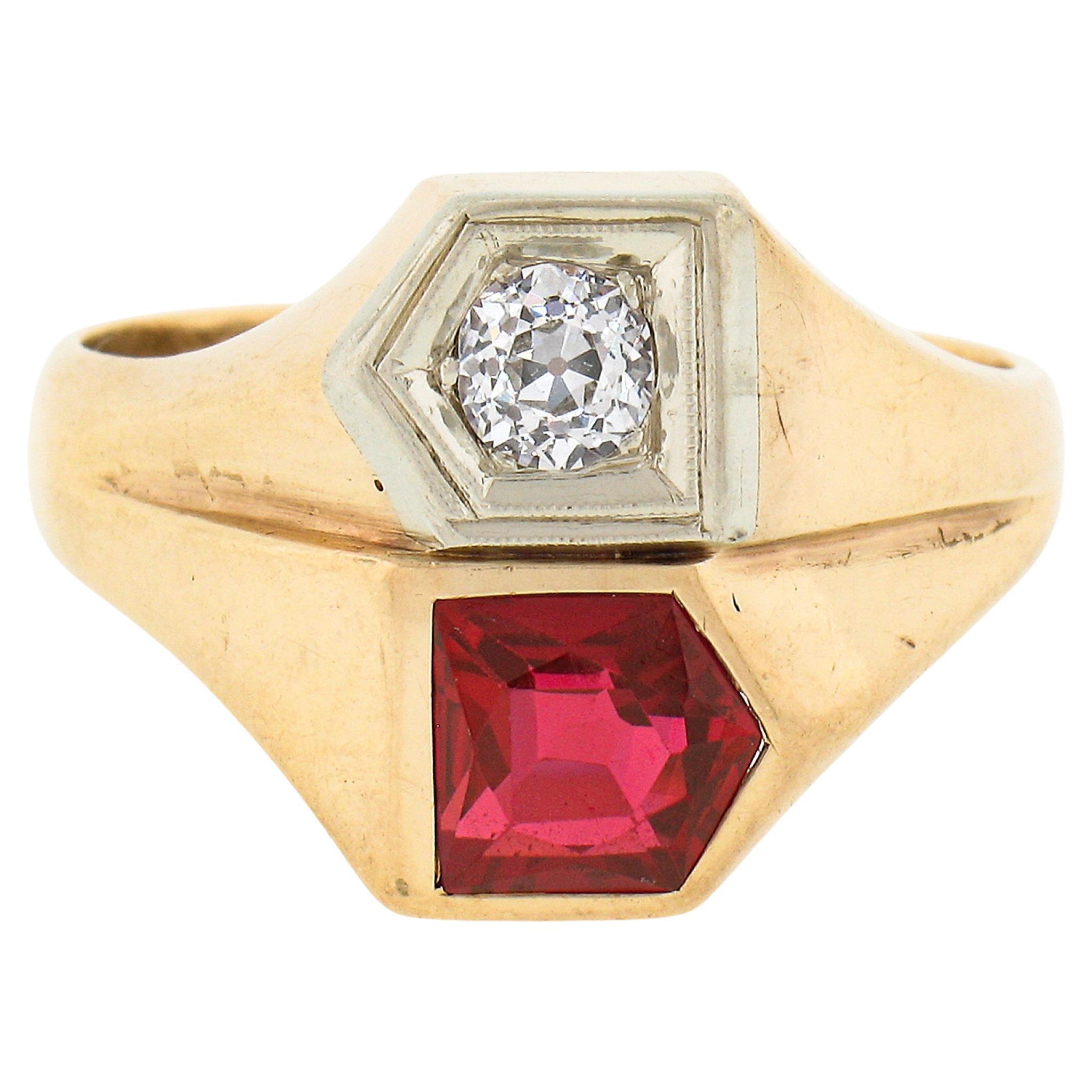 Mens Retro Vintage 14k Gold 0.30ct European Diamond Pentagon Synthetic Ruby Ring