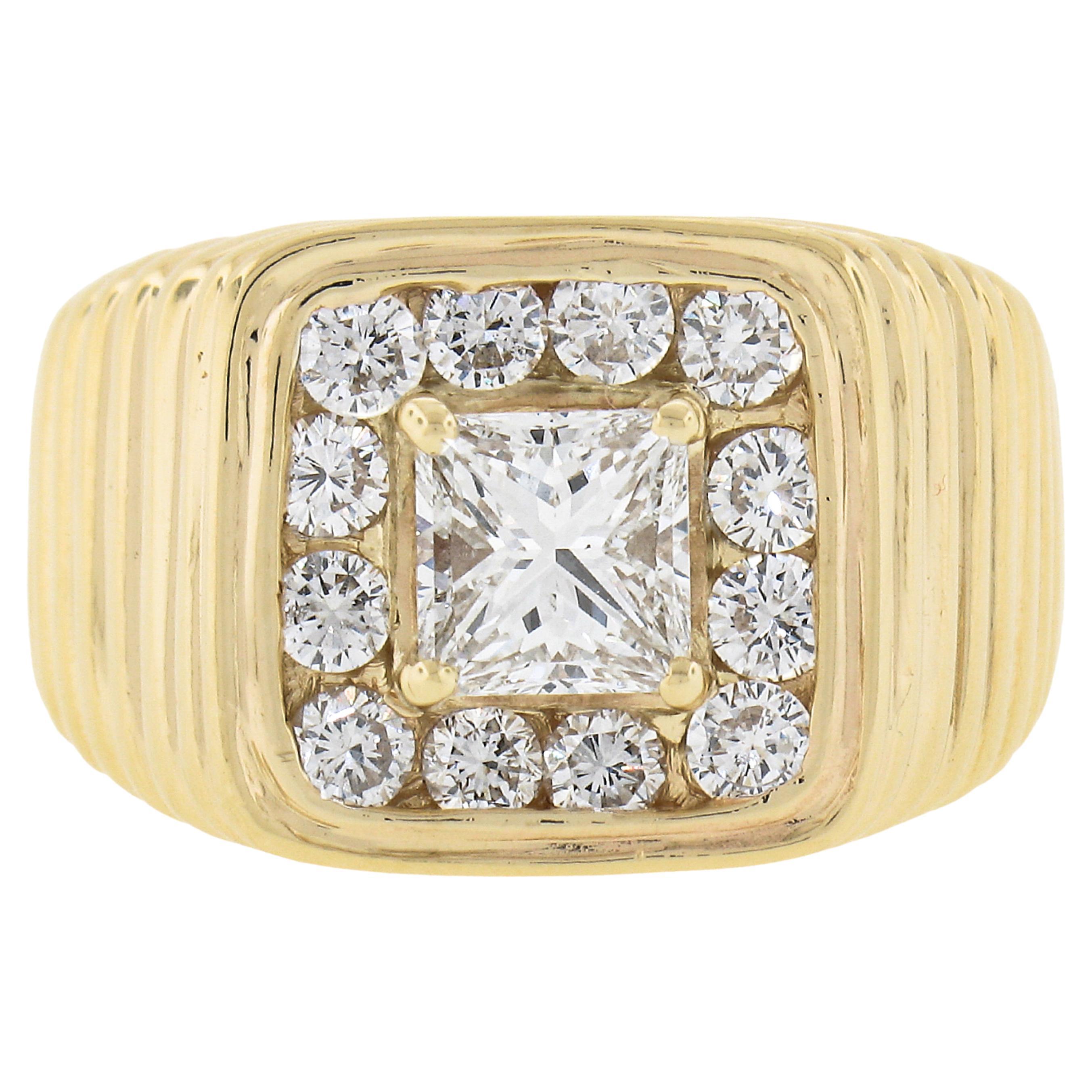 Men's Ribbed 14k Gold 1.91ctw GIA Princess Cut Diamond Solitaire & Halo Ring