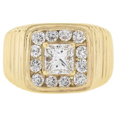 Men's Ribbed 14k Gold 1.91ctw GIA Princess Cut Diamond Solitaire & Halo Ring