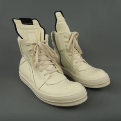 Men's RICK OWENS Size 12 Cream Leather 'Geobasket High' High Top Sneakers